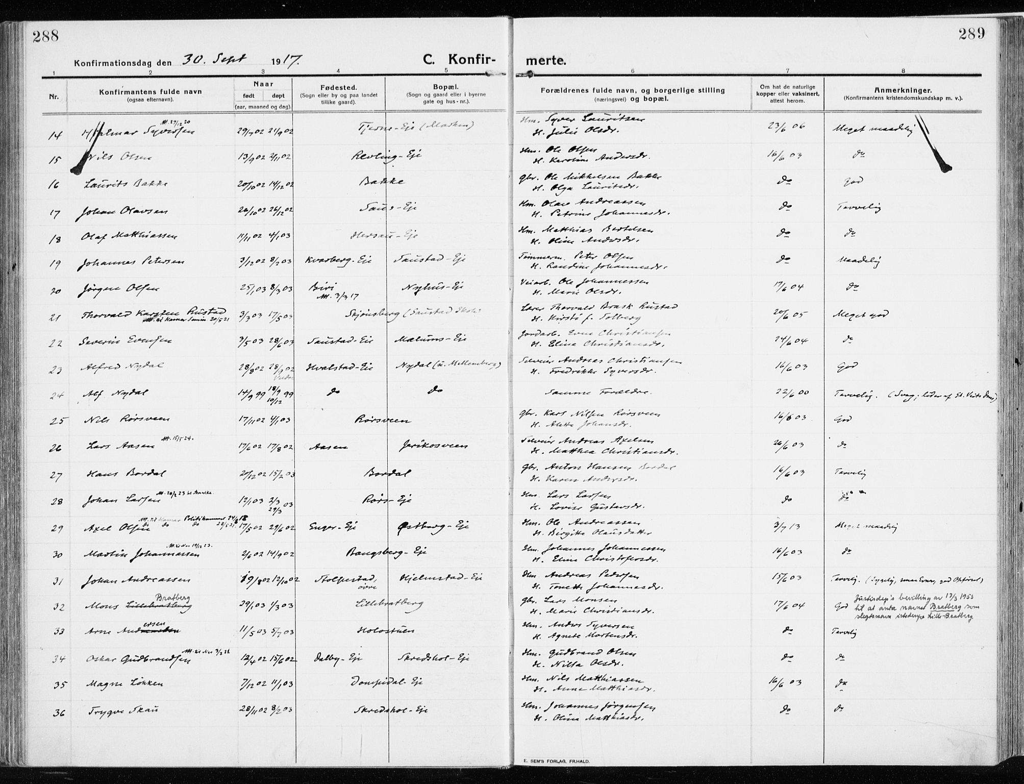 Ringsaker prestekontor, AV/SAH-PREST-014/K/Ka/L0020: Parish register (official) no. 20, 1913-1922, p. 288-289