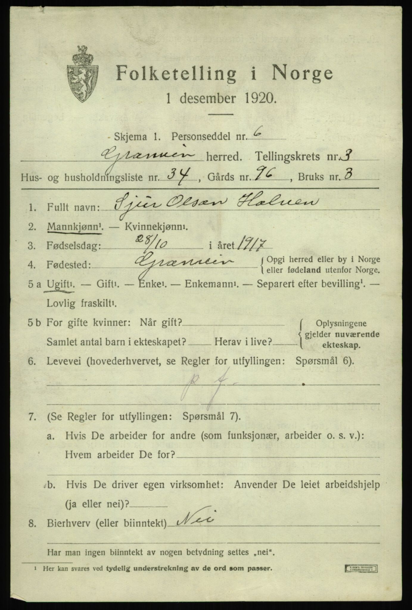 SAB, 1920 census for Granvin, 1920, p. 1534