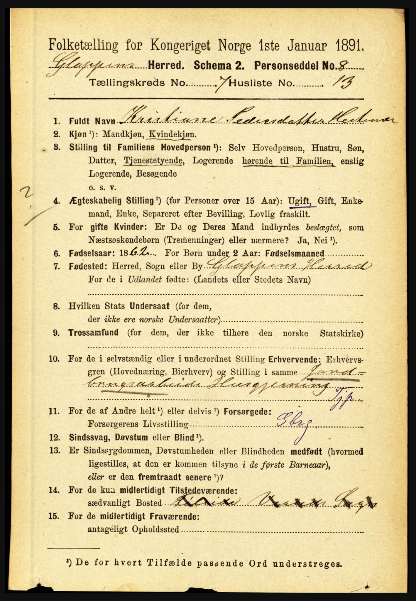 RA, 1891 census for 1445 Gloppen, 1891, p. 2745
