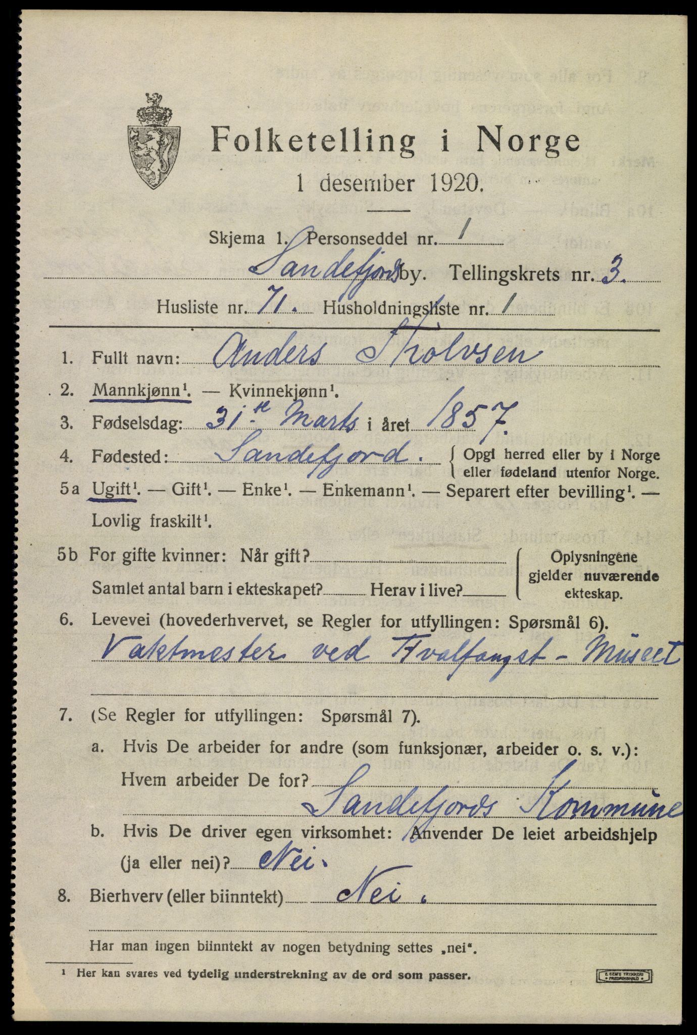 SAKO, 1920 census for Sandefjord, 1920, p. 7474