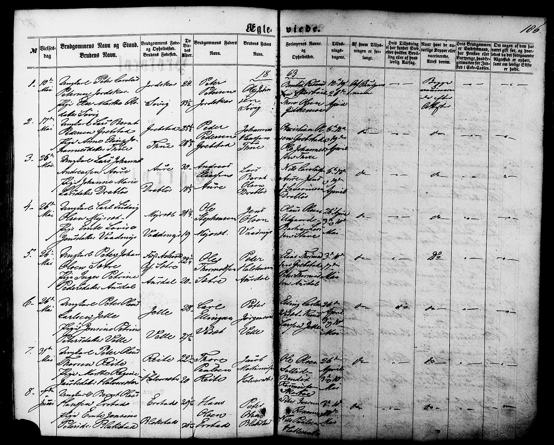 Ministerialprotokoller, klokkerbøker og fødselsregistre - Møre og Romsdal, SAT/A-1454/522/L0314: Parish register (official) no. 522A09, 1863-1877, p. 186