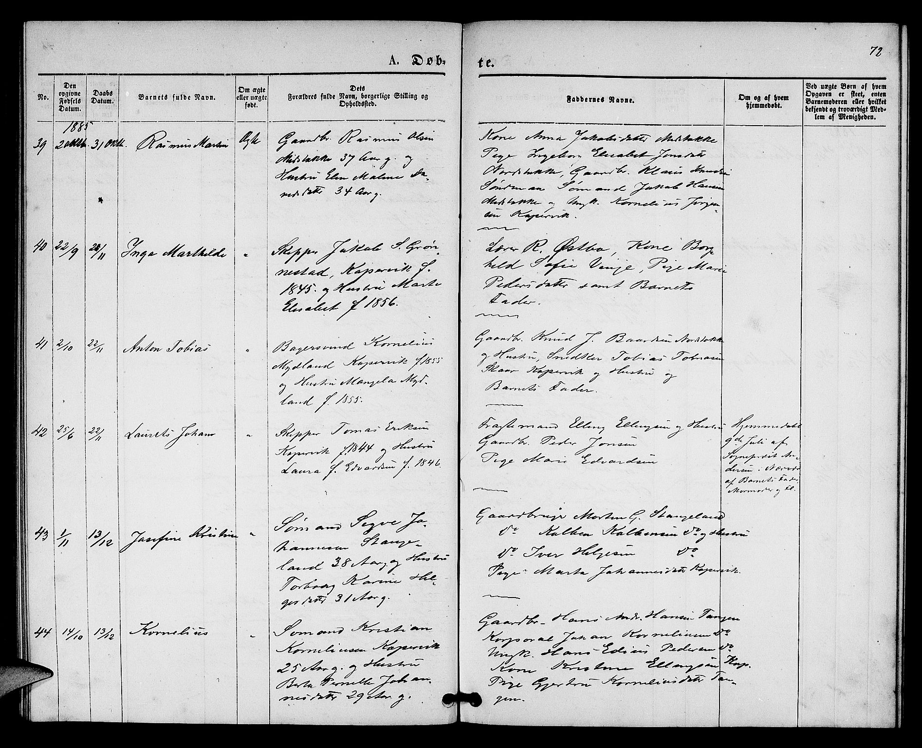 Kopervik sokneprestkontor, SAST/A-101850/H/Ha/Hab/L0001: Parish register (copy) no. B 1, 1877-1891, p. 72