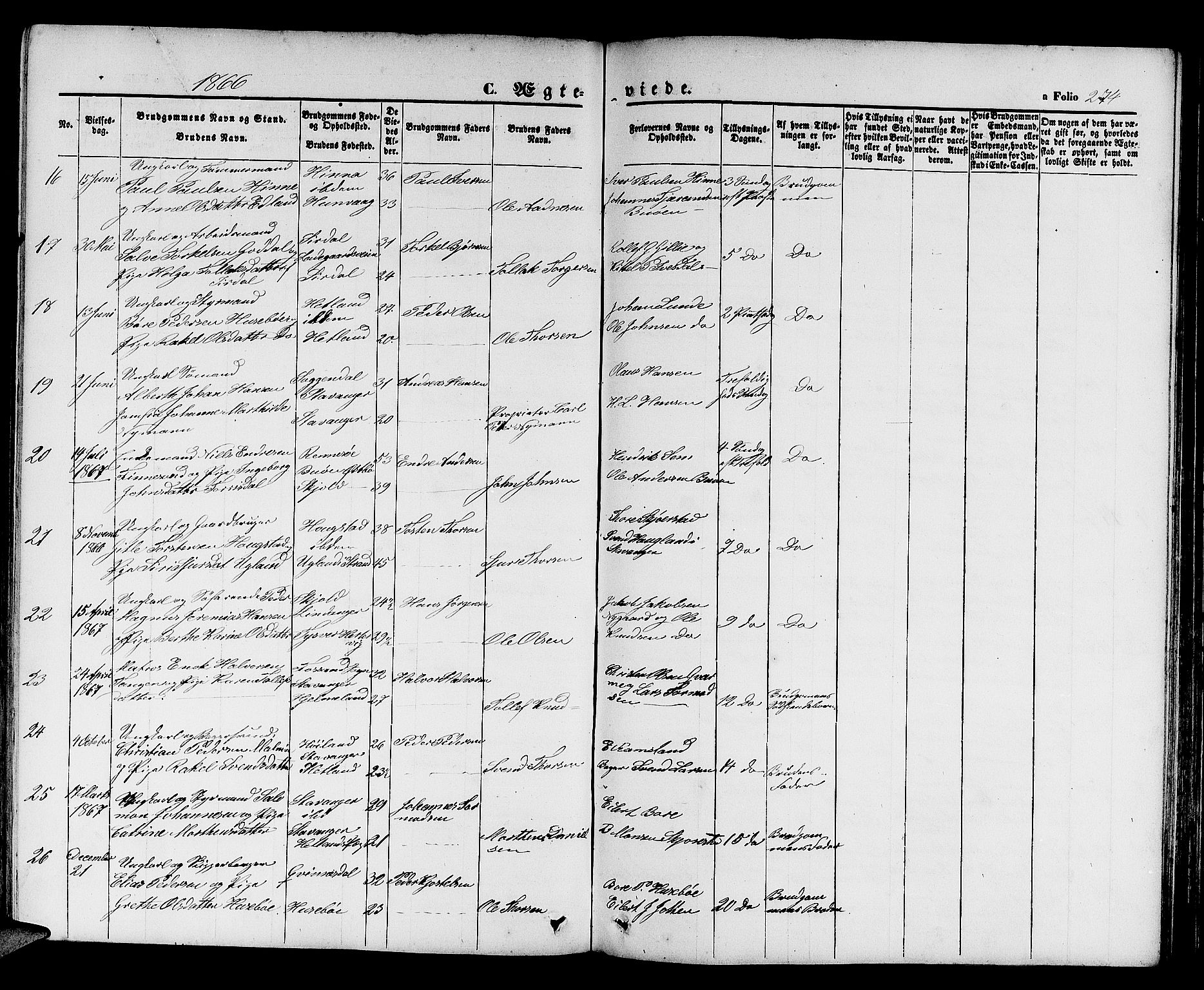 Hetland sokneprestkontor, SAST/A-101826/30/30BB/L0003: Parish register (copy) no. B 3, 1863-1877, p. 274