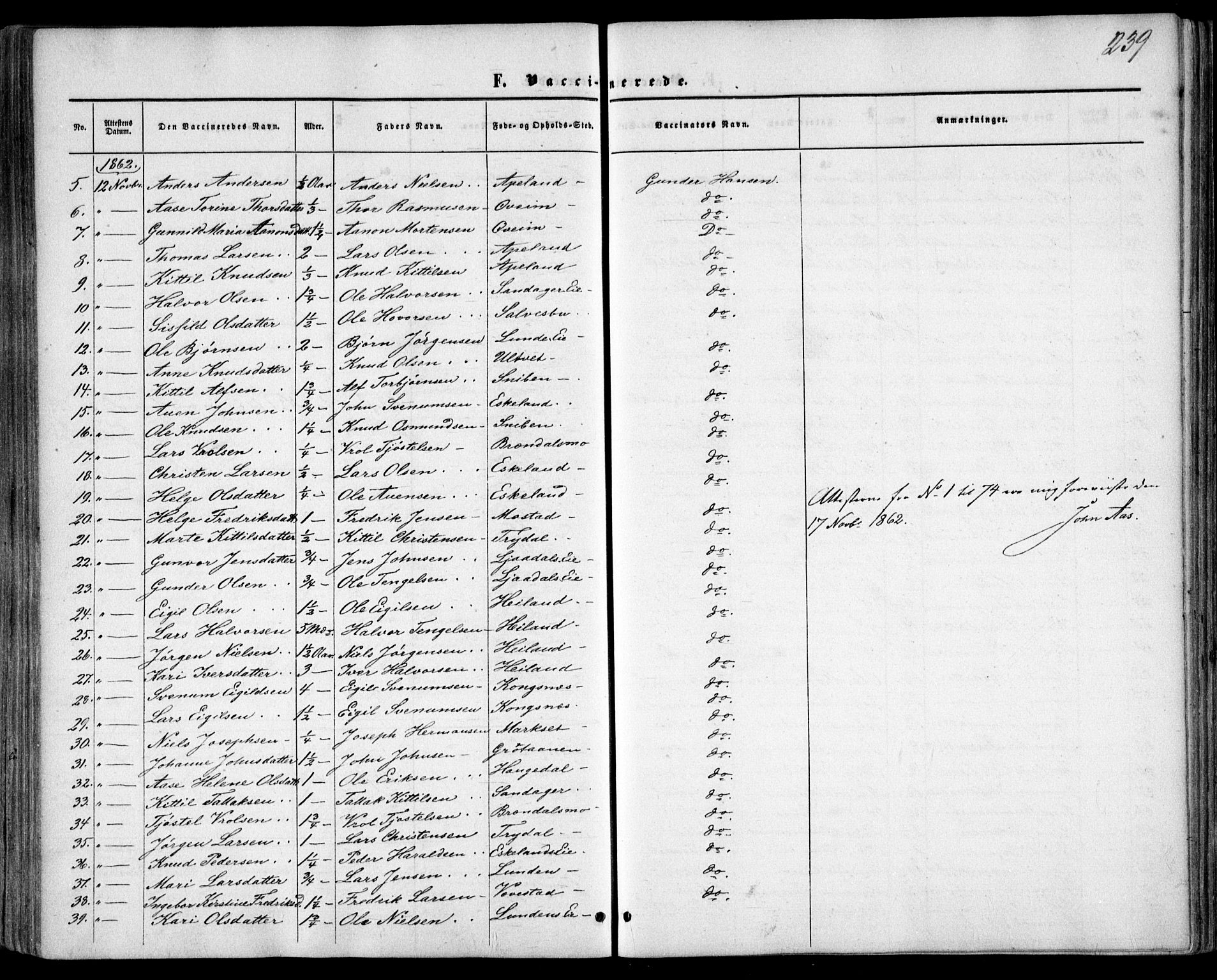 Gjerstad sokneprestkontor, SAK/1111-0014/F/Fa/Faa/L0007: Parish register (official) no. A 7, 1858-1875, p. 239