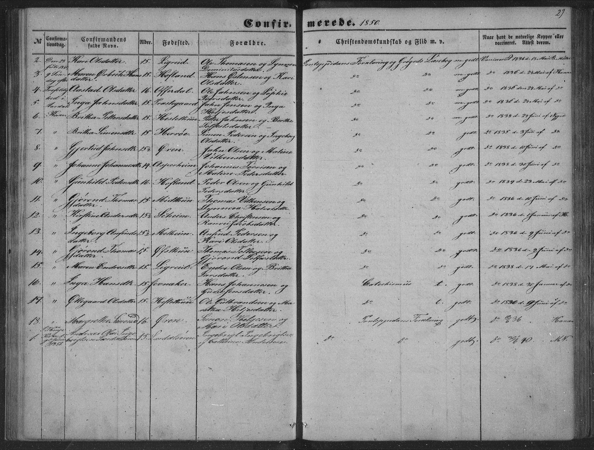Lærdal sokneprestembete, AV/SAB-A-81201: Parish register (official) no. A 13, 1847-1864, p. 27