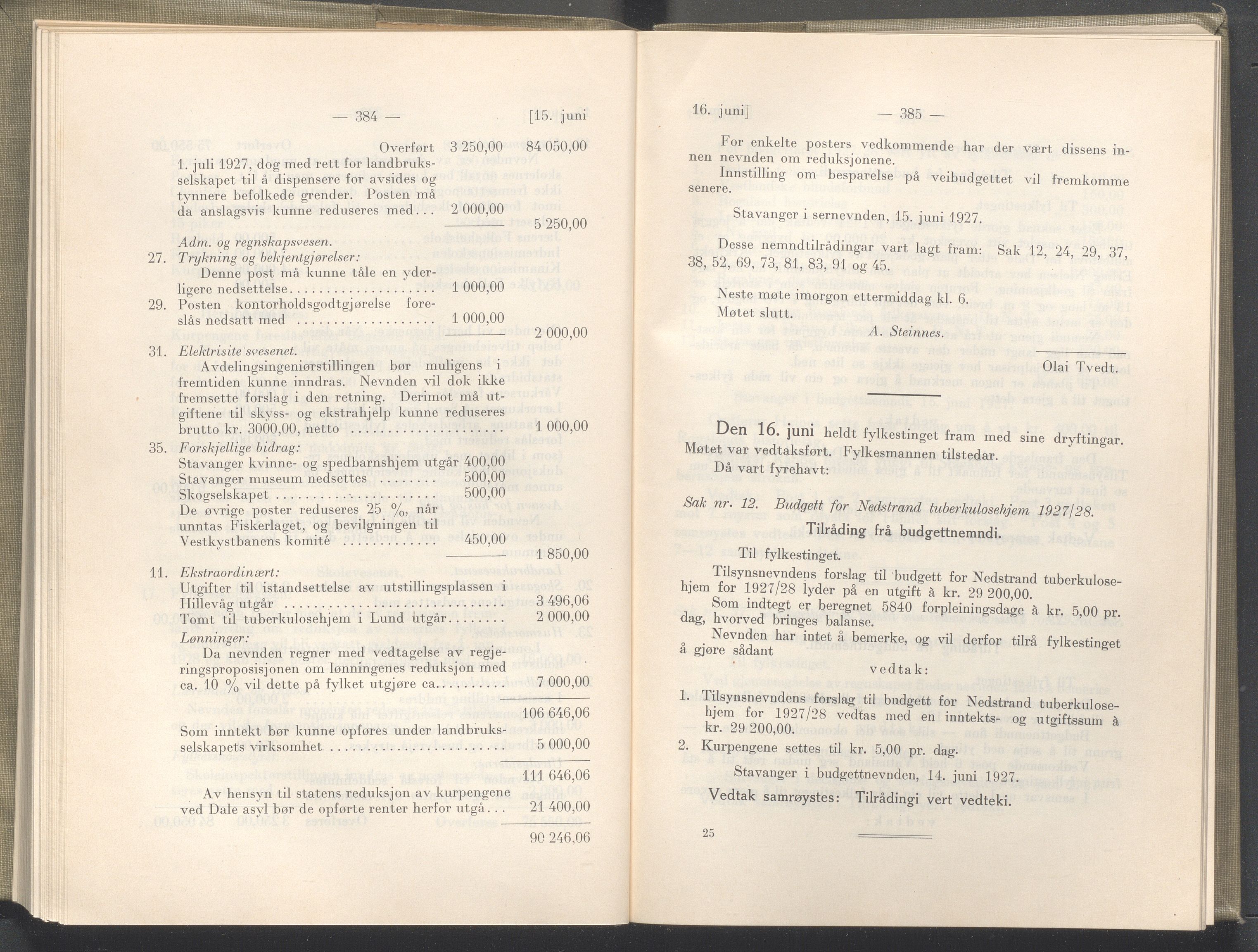 Rogaland fylkeskommune - Fylkesrådmannen , IKAR/A-900/A/Aa/Aaa/L0046: Møtebok , 1927, p. 384-385