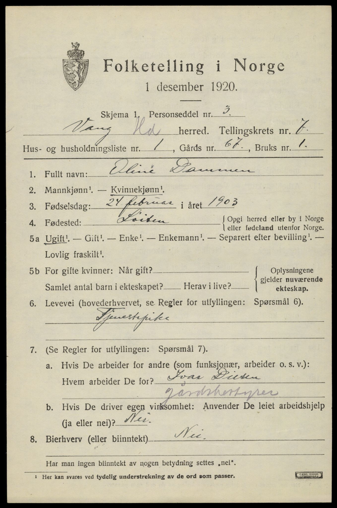 SAH, 1920 census for Vang (Hedmark), 1920, p. 16033