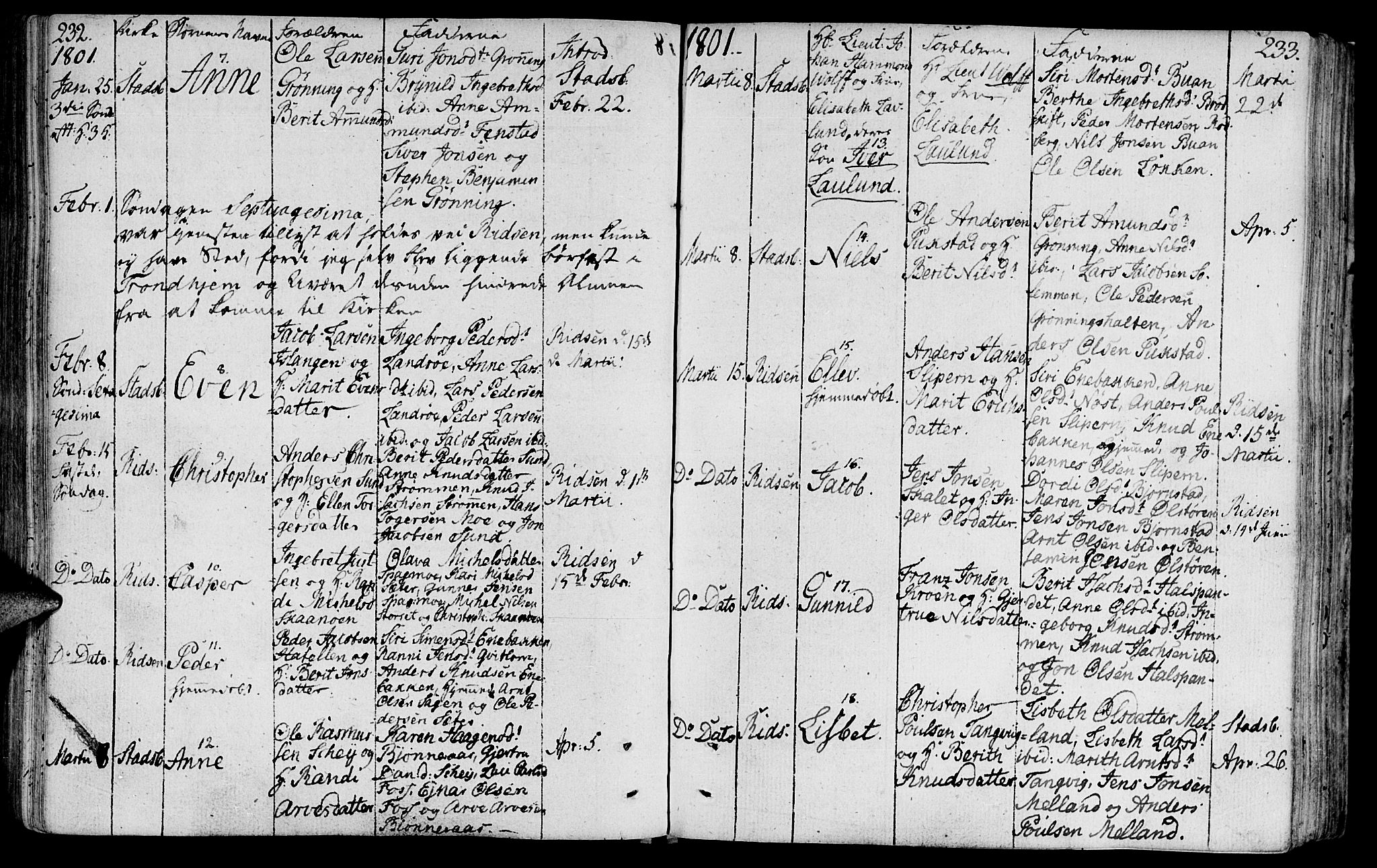 Ministerialprotokoller, klokkerbøker og fødselsregistre - Sør-Trøndelag, SAT/A-1456/646/L0606: Parish register (official) no. 646A04, 1791-1805, p. 232-233