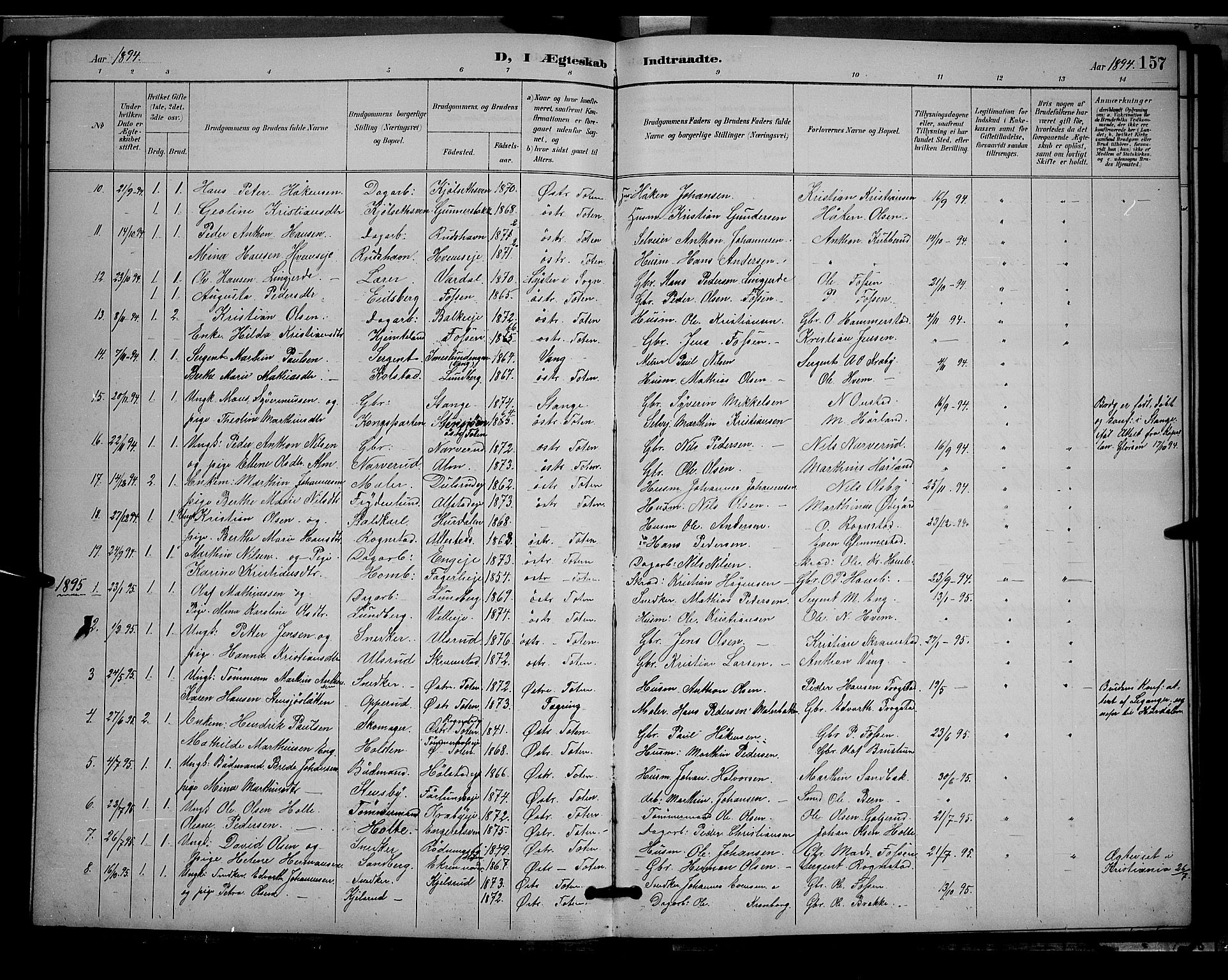 Østre Toten prestekontor, SAH/PREST-104/H/Ha/Hab/L0006: Parish register (copy) no. 6, 1893-1901, p. 157