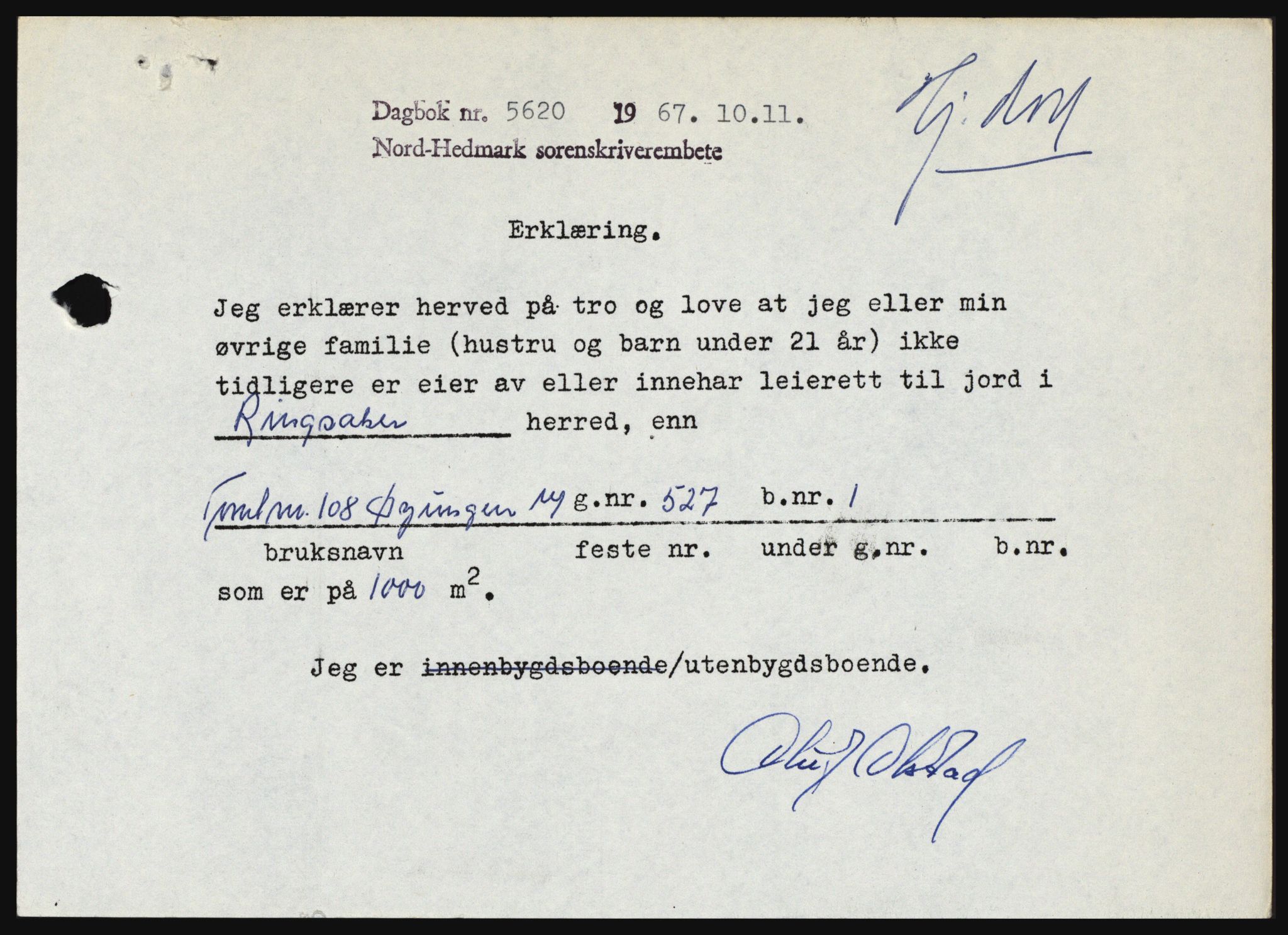 Nord-Hedmark sorenskriveri, SAH/TING-012/H/Hc/L0027: Mortgage book no. 27, 1967-1968, Diary no: : 5620/1967