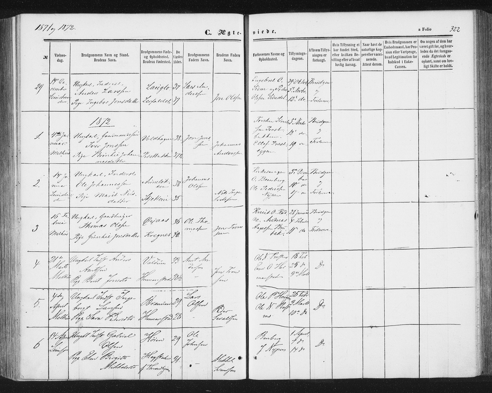 Ministerialprotokoller, klokkerbøker og fødselsregistre - Sør-Trøndelag, AV/SAT-A-1456/691/L1077: Parish register (official) no. 691A09, 1862-1873, p. 322