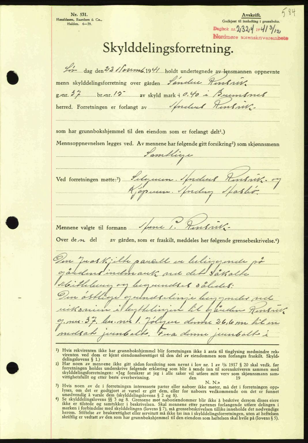 Nordmøre sorenskriveri, AV/SAT-A-4132/1/2/2Ca: Mortgage book no. A91, 1941-1942, Diary no: : 2324/1941