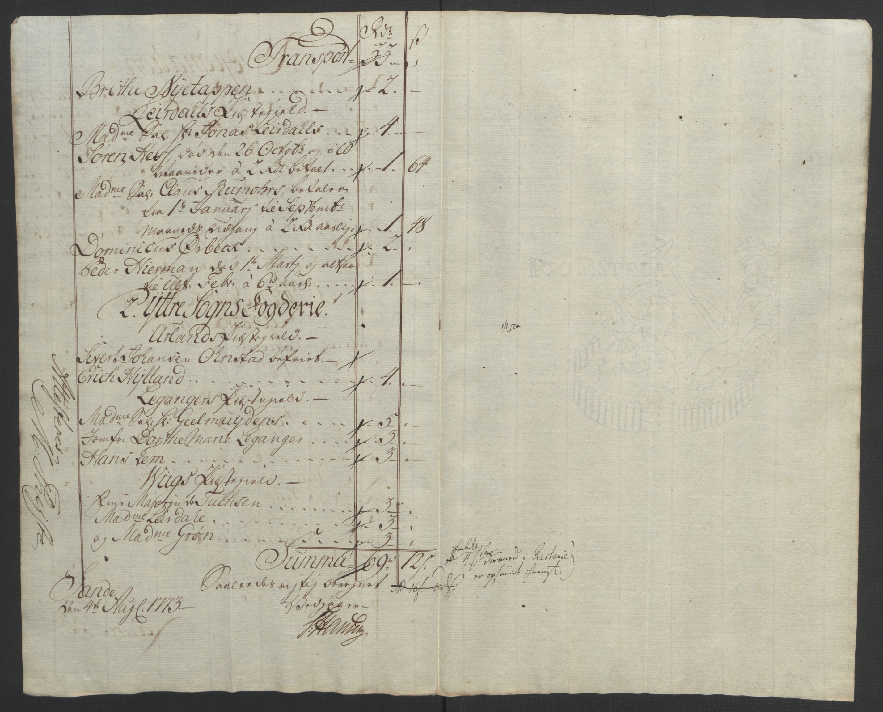 Rentekammeret inntil 1814, Realistisk ordnet avdeling, AV/RA-EA-4070/Ol/L0018: [Gg 10]: Ekstraskatten, 23.09.1762. Sogn, 1762-1772, p. 380