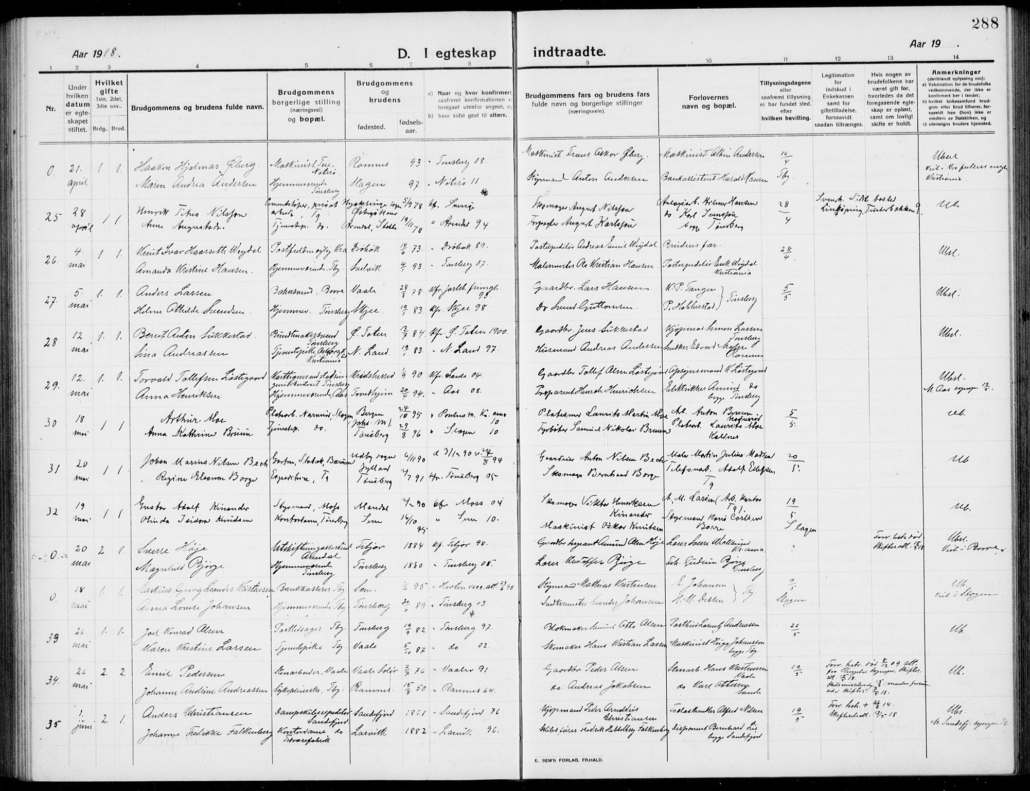 Tønsberg kirkebøker, AV/SAKO-A-330/G/Ga/L0009: Parish register (copy) no. 9, 1913-1920, p. 288