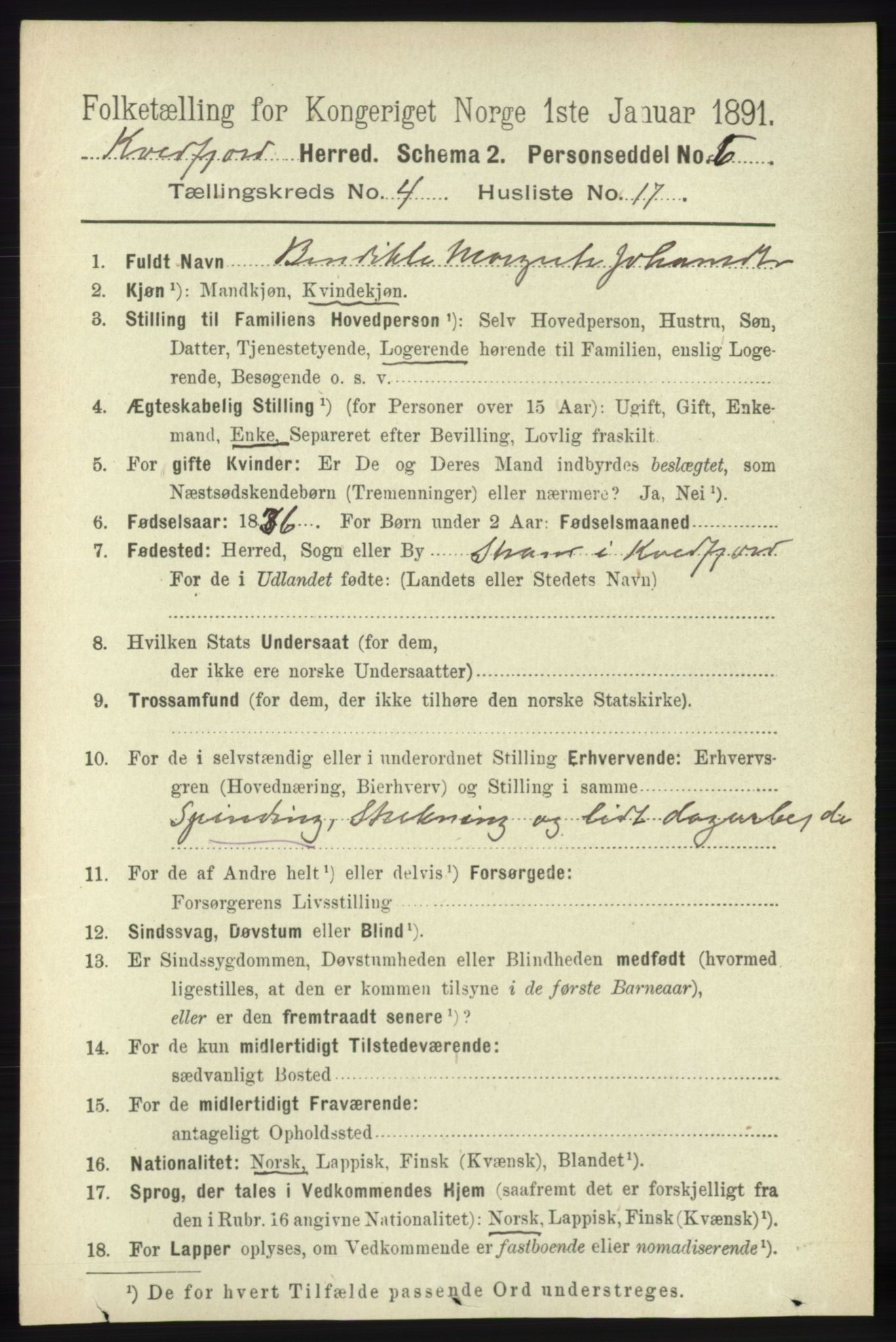 RA, 1891 census for 1911 Kvæfjord, 1891, p. 1998