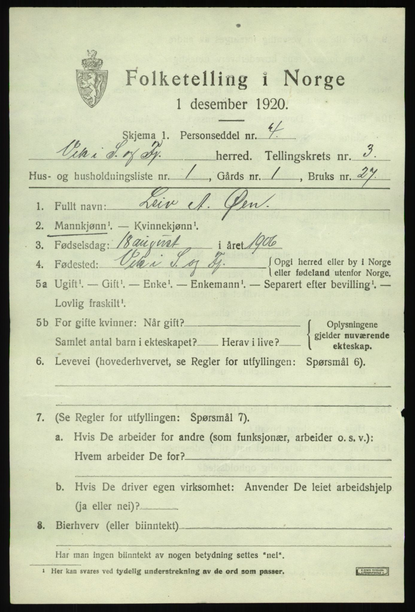 SAB, 1920 census for Vik, 1920, p. 2629