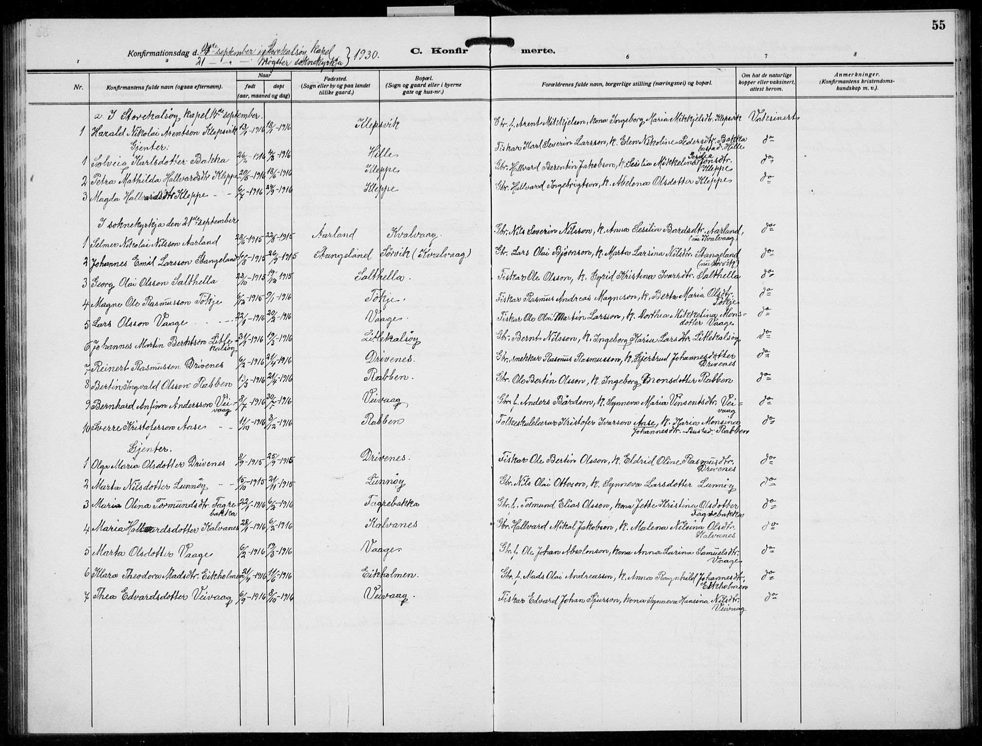 Austevoll Sokneprestembete, SAB/A-74201/H/Hab: Parish register (copy) no. B  7, 1926-1939, p. 55