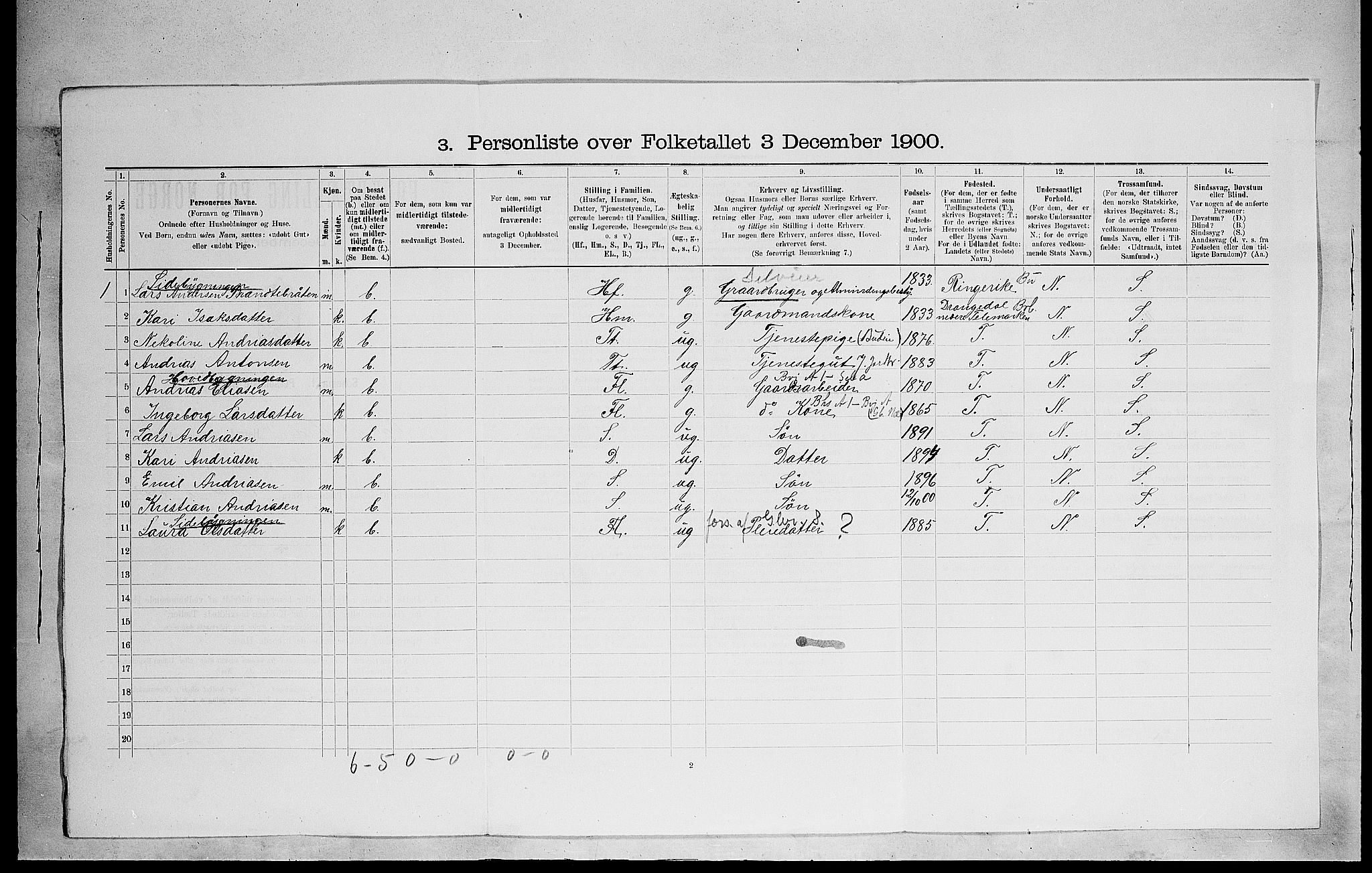 SAH, 1900 census for Vang, 1900, p. 1429