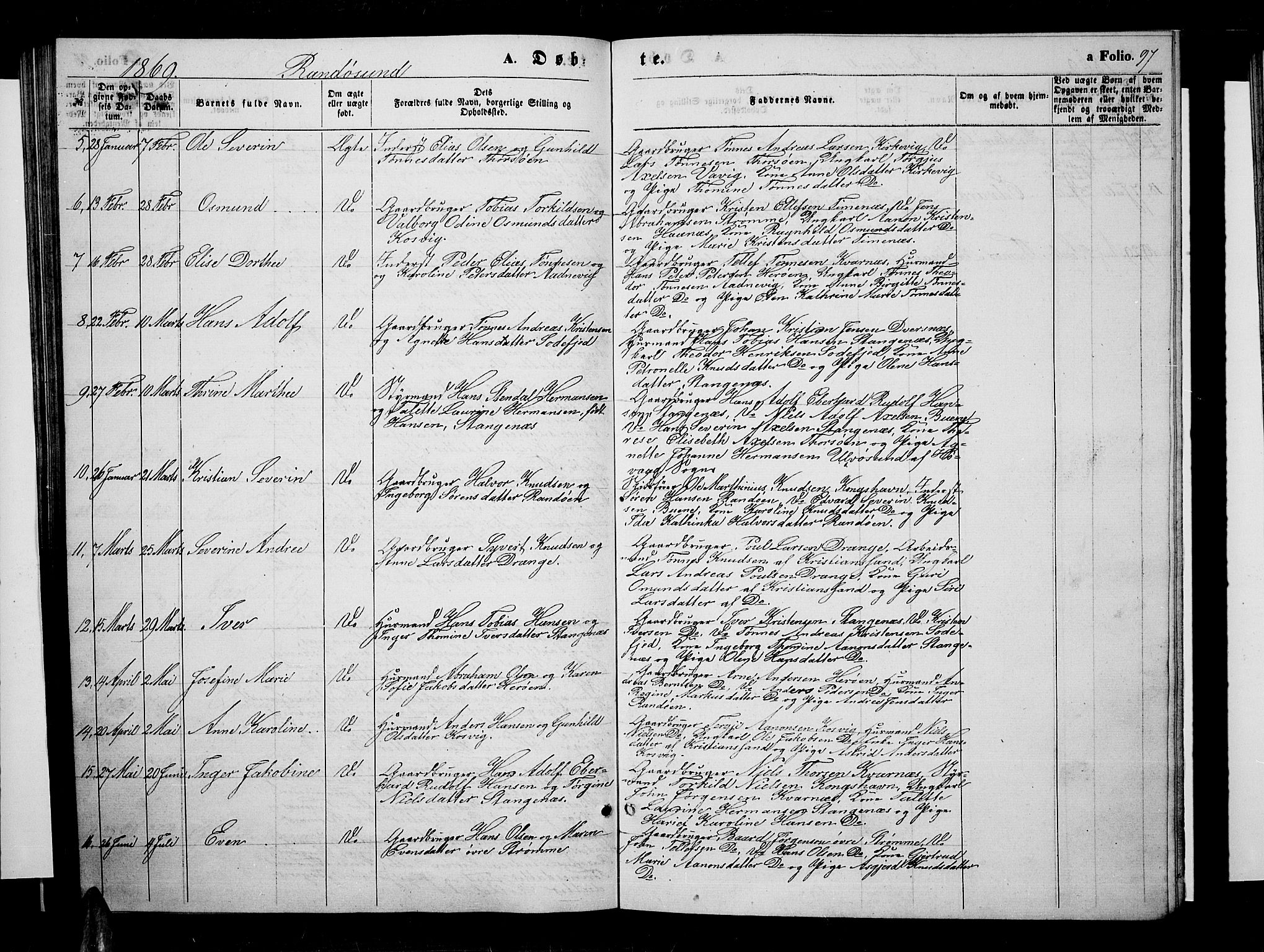 Oddernes sokneprestkontor, SAK/1111-0033/F/Fb/Fba/L0006: Parish register (copy) no. B 6 /2, 1865-1869, p. 97