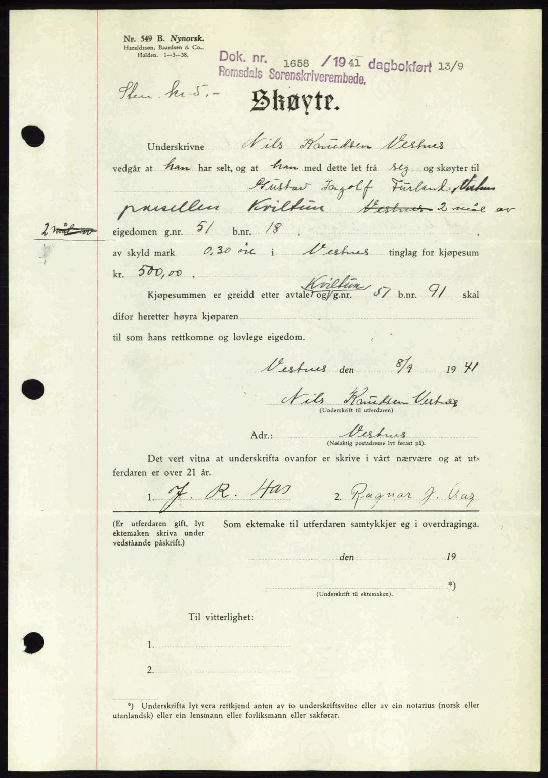 Romsdal sorenskriveri, AV/SAT-A-4149/1/2/2C: Mortgage book no. A10, 1941-1941, Diary no: : 1658/1941