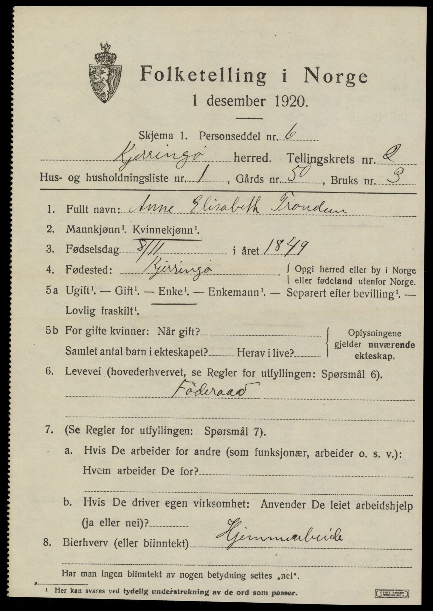SAT, 1920 census for Kjerringøy, 1920, p. 865