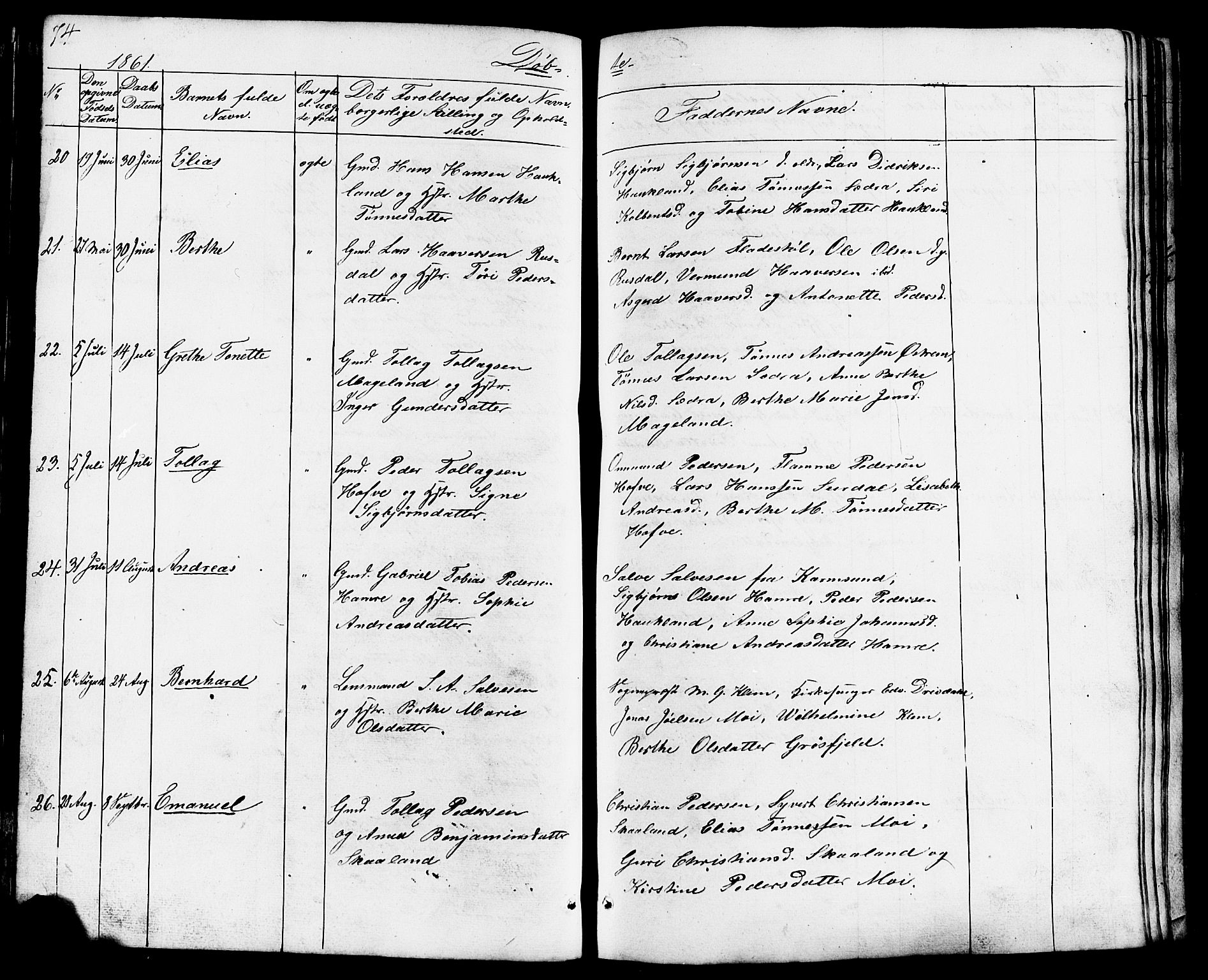 Lund sokneprestkontor, AV/SAST-A-101809/S07/L0003: Parish register (copy) no. B 3, 1848-1885, p. 74