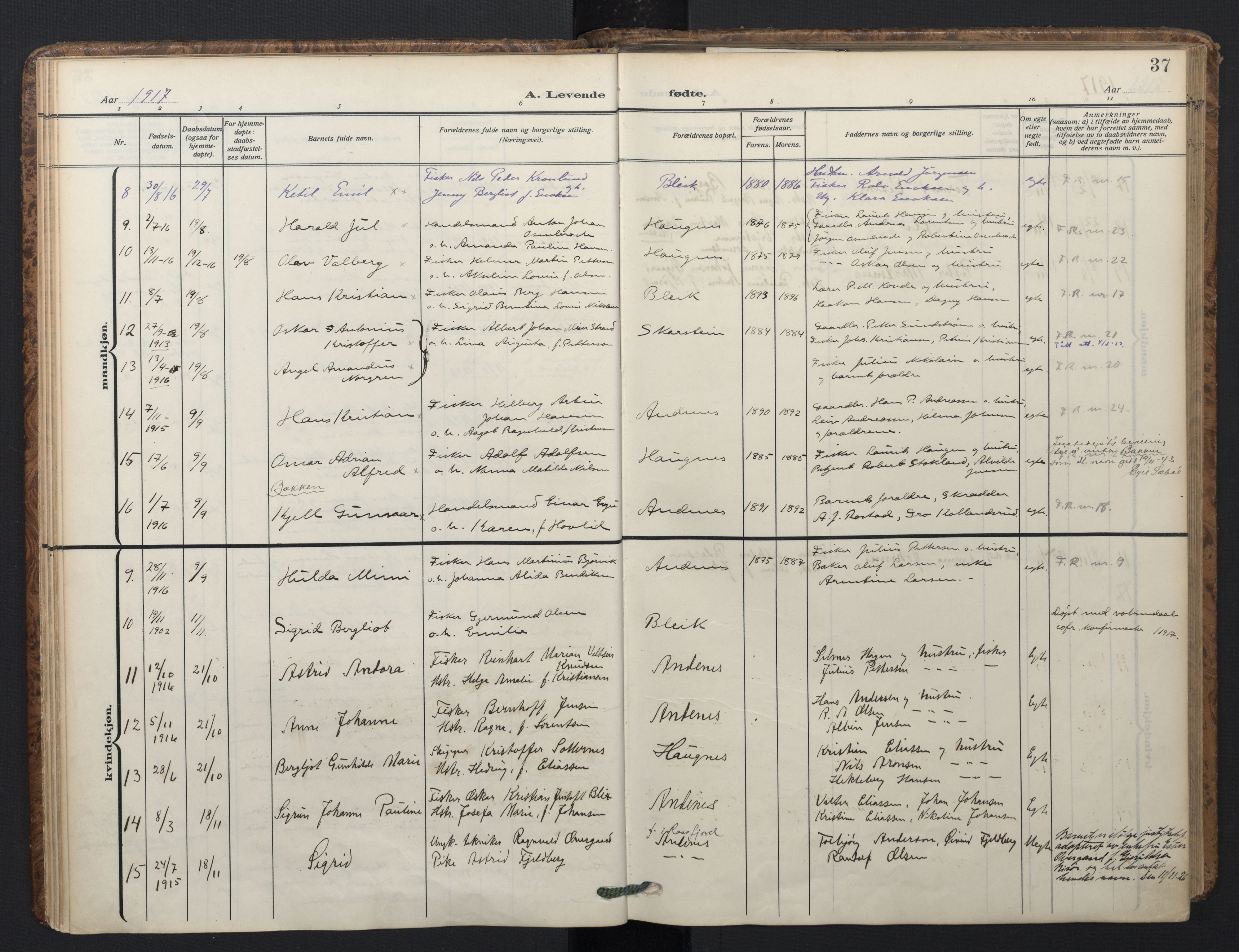 Ministerialprotokoller, klokkerbøker og fødselsregistre - Nordland, SAT/A-1459/899/L1438: Parish register (official) no. 899A06, 1909-1922, p. 37