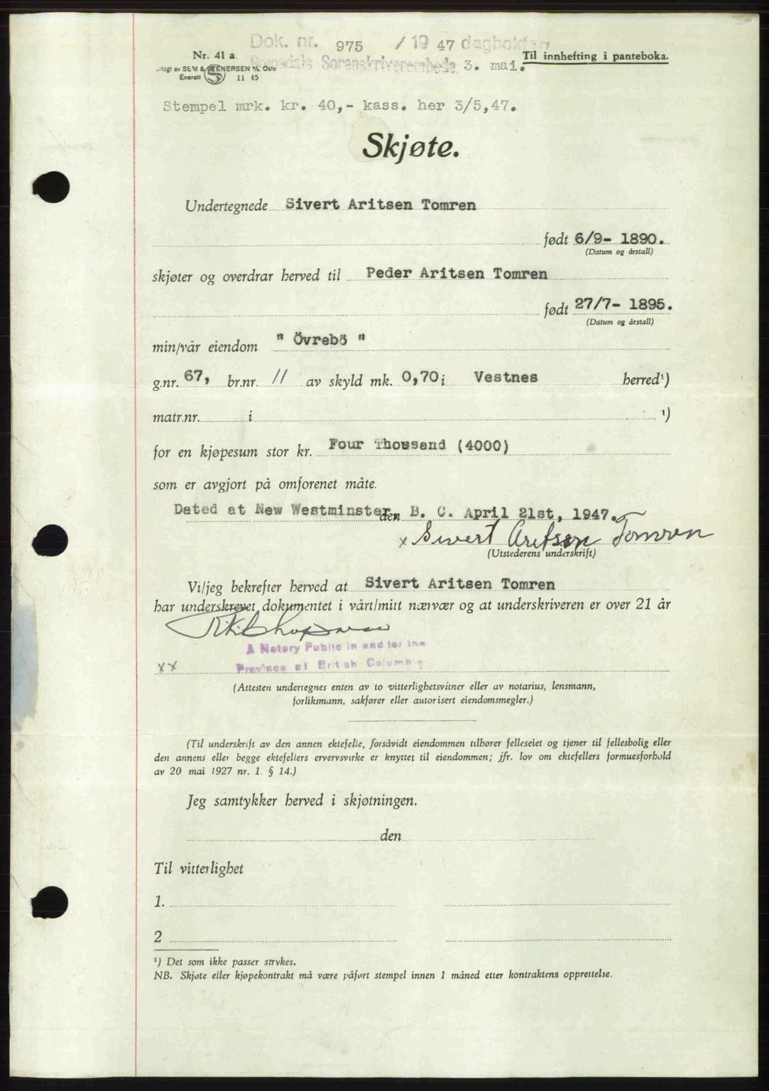 Romsdal sorenskriveri, AV/SAT-A-4149/1/2/2C: Mortgage book no. A22, 1947-1947, Diary no: : 975/1947