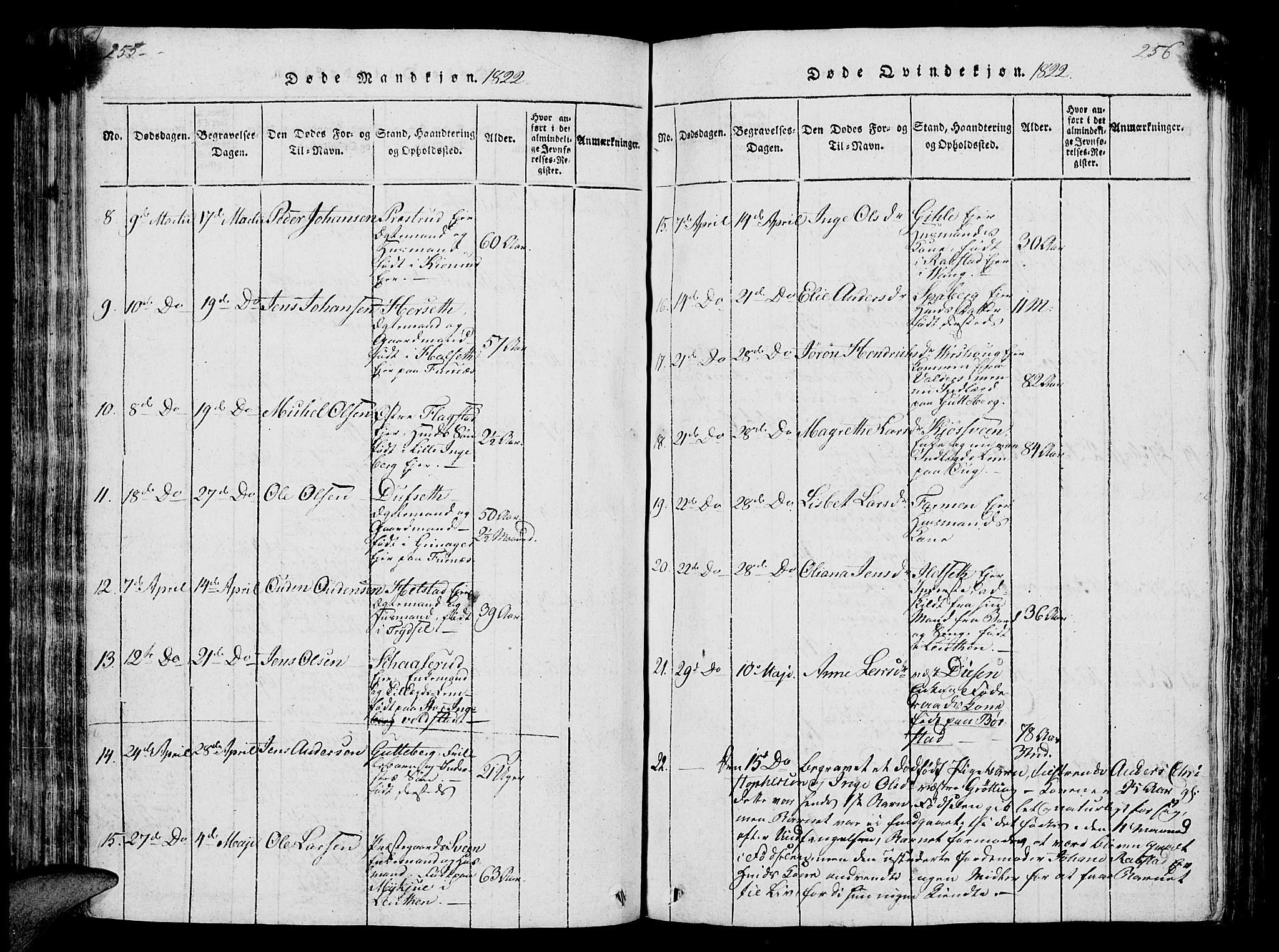 Vang prestekontor, Hedmark, SAH/PREST-008/H/Ha/Hab/L0004: Parish register (copy) no. 4, 1813-1827, p. 255-256