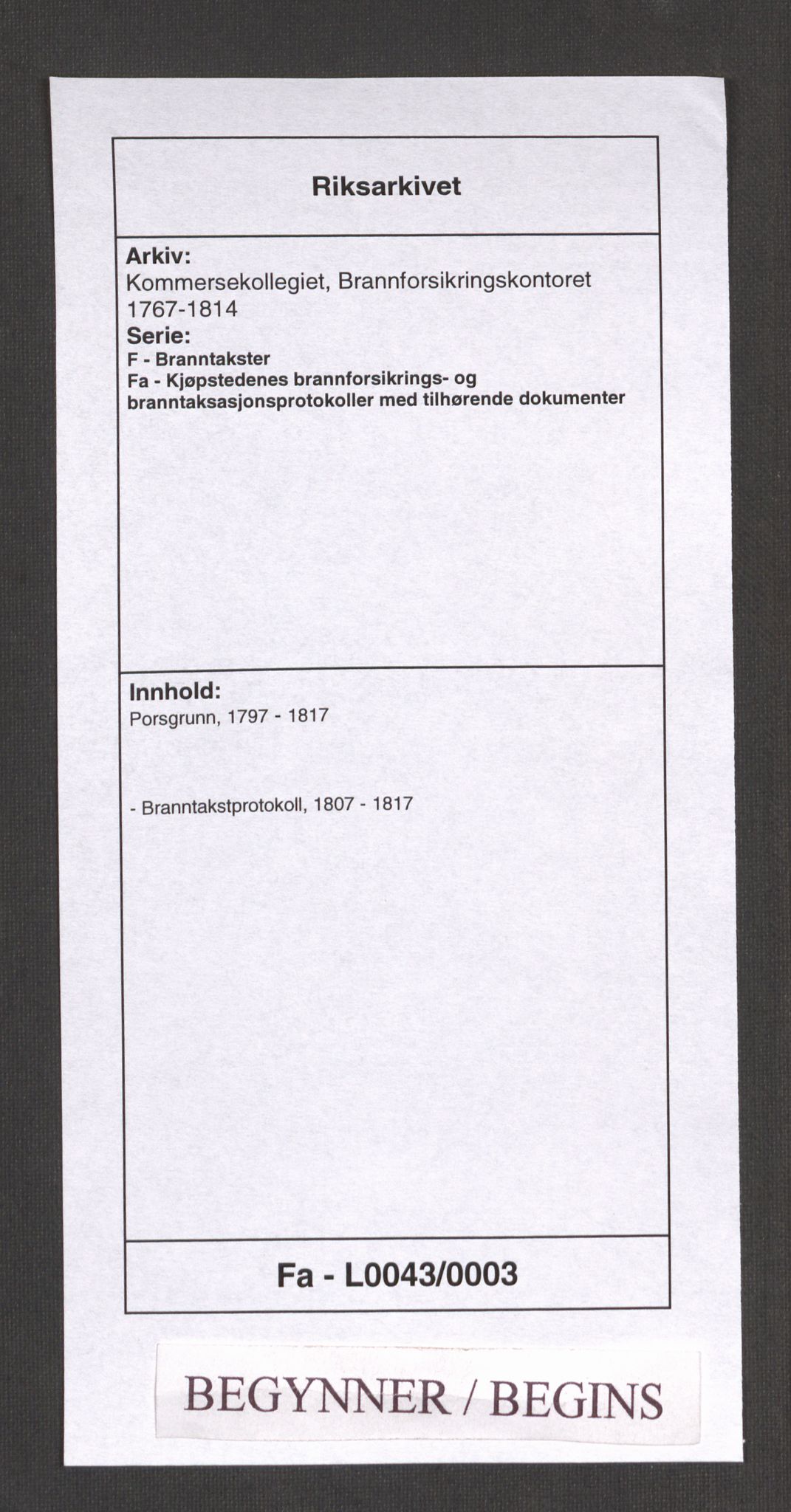 Kommersekollegiet, Brannforsikringskontoret 1767-1814, RA/EA-5458/F/Fa/L0043/0003: Porsgrunn / Branntakstprotokoll, 1807-1817