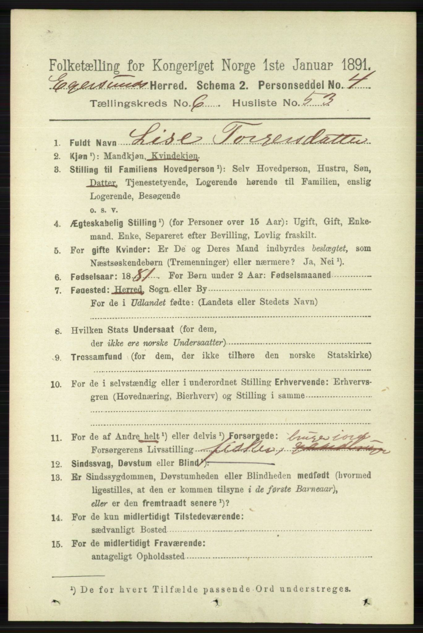 RA, 1891 census for 1116 Eigersund herred, 1891, p. 2596