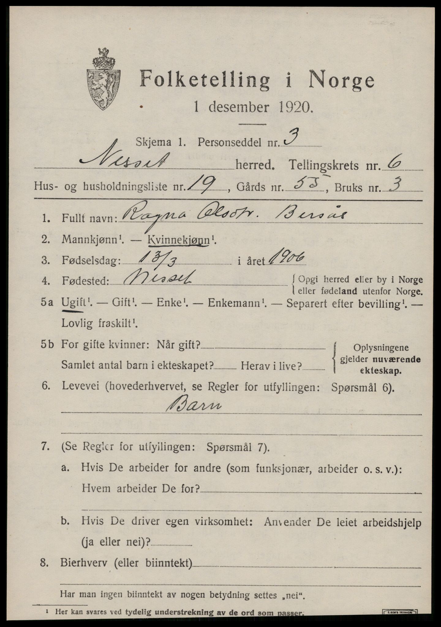 SAT, 1920 census for Nesset, 1920, p. 2970