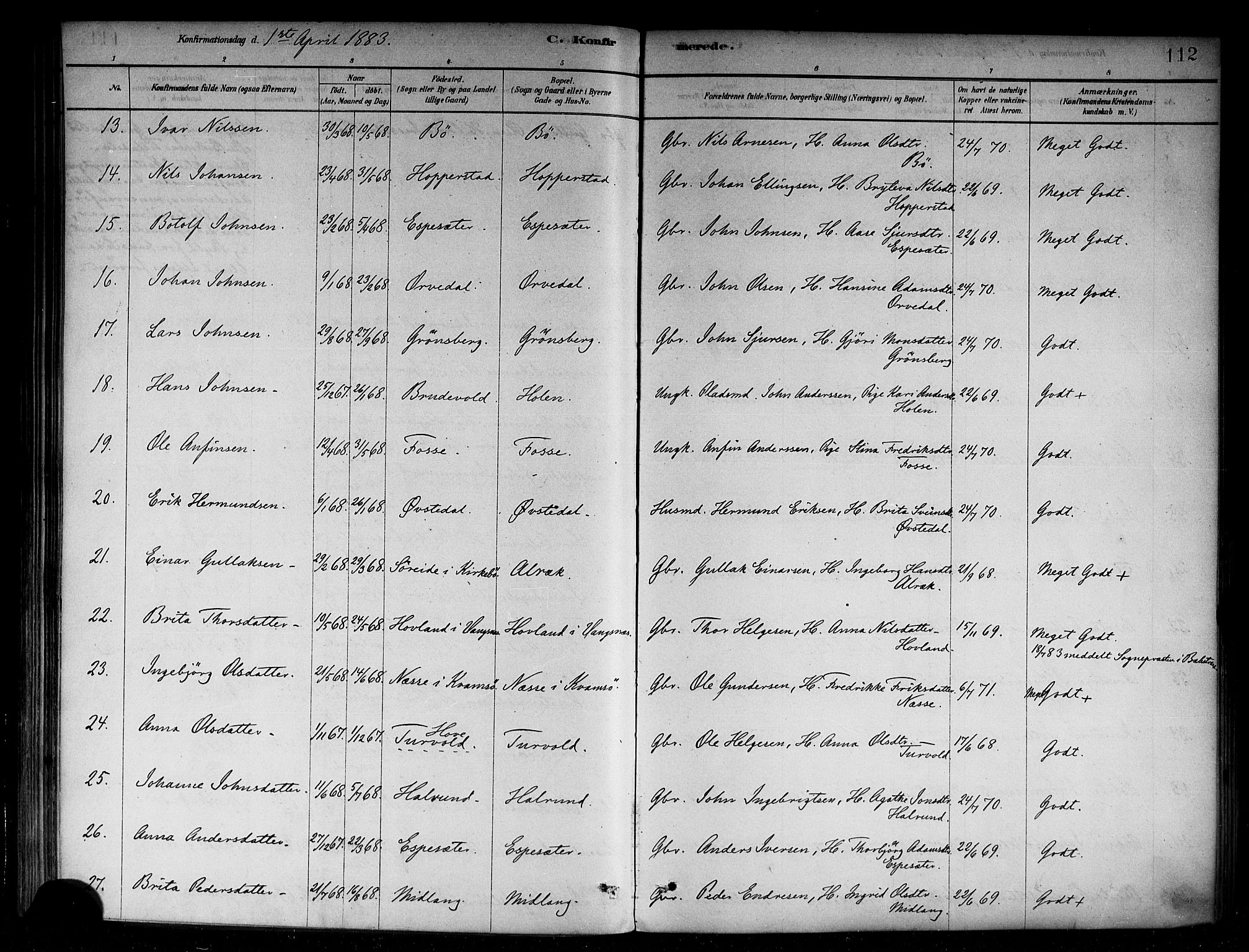 Vik sokneprestembete, SAB/A-81501: Parish register (official) no. B 1, 1878-1890, p. 112