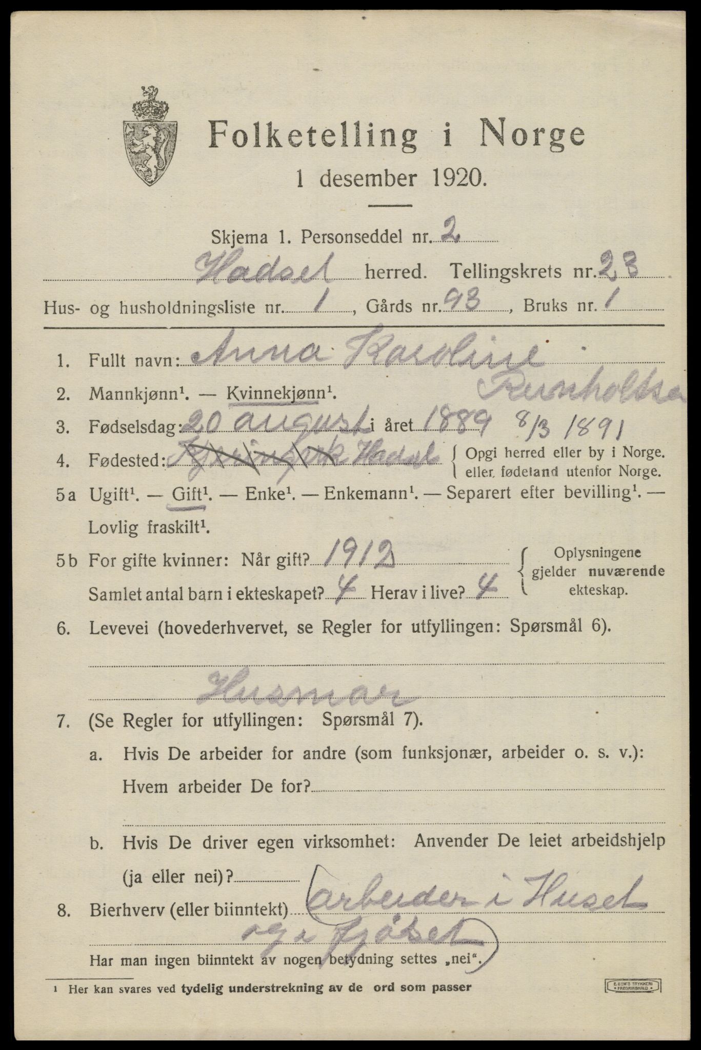 SAT, 1920 census for Hadsel, 1920, p. 20498