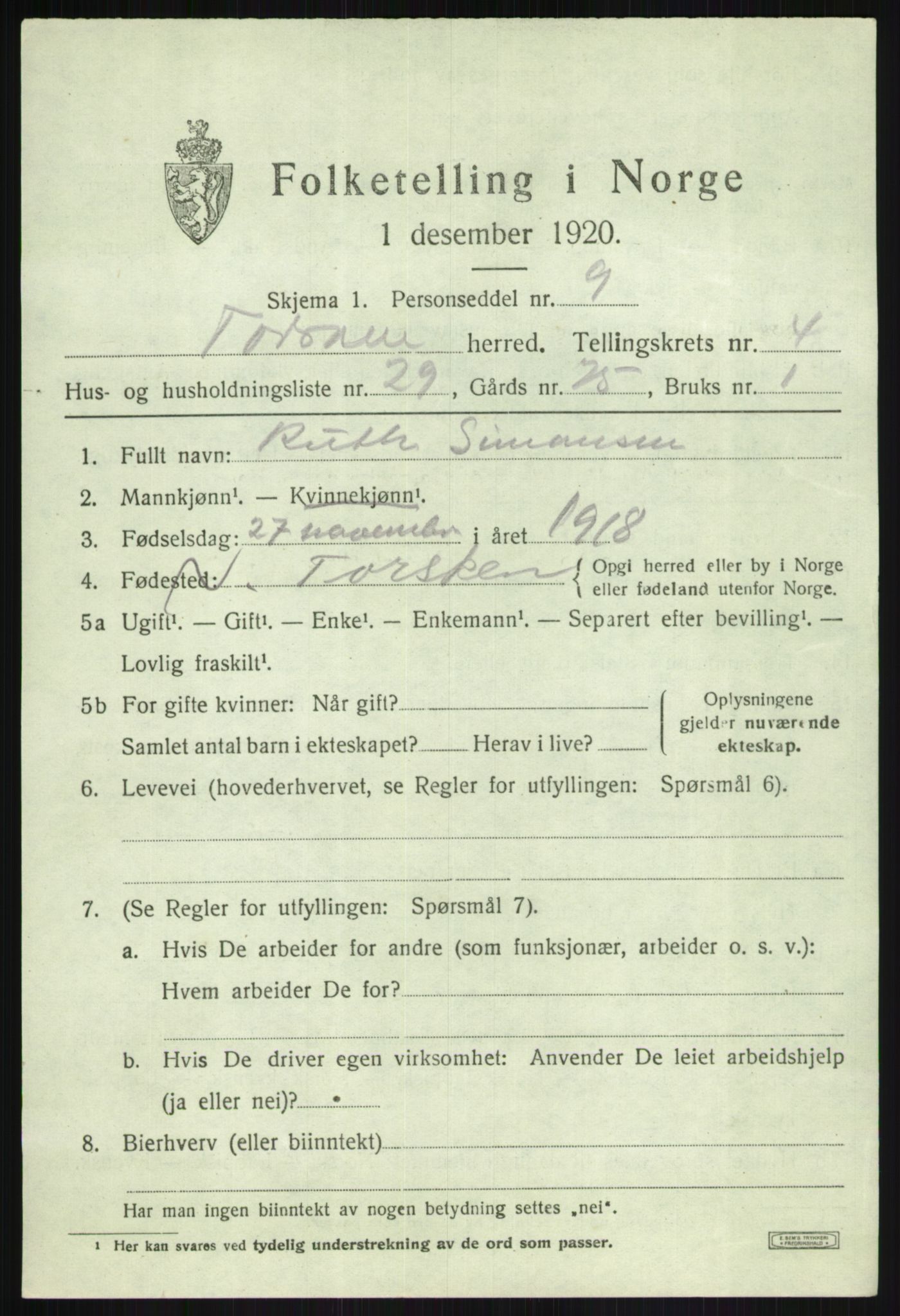 SATØ, 1920 census for Torsken, 1920, p. 1985