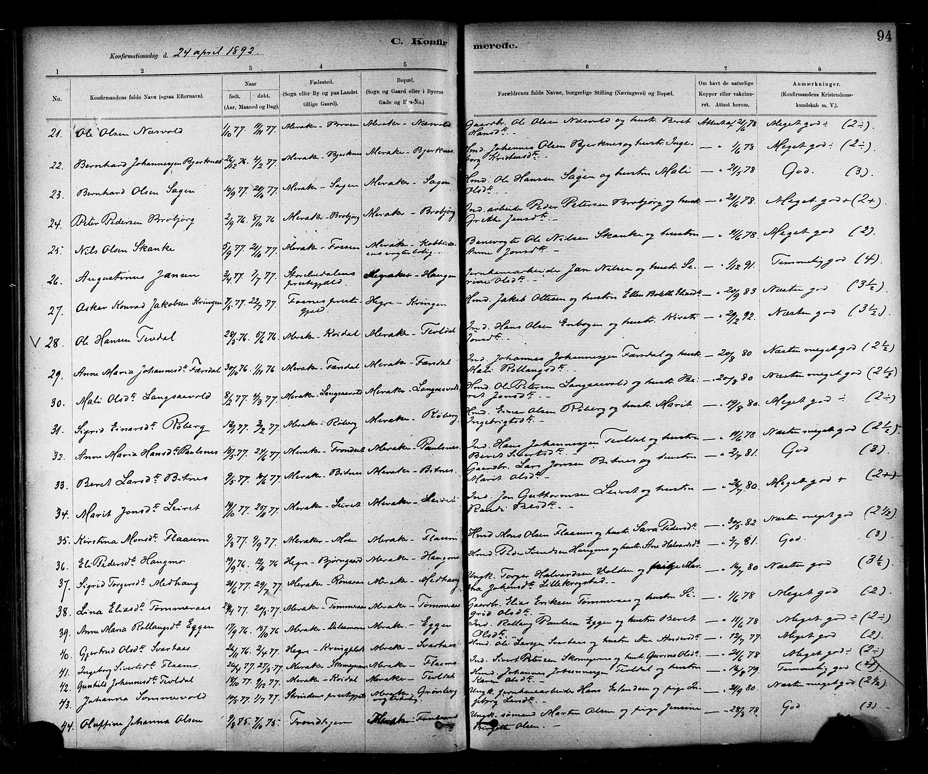 Ministerialprotokoller, klokkerbøker og fødselsregistre - Nord-Trøndelag, AV/SAT-A-1458/706/L0047: Parish register (official) no. 706A03, 1878-1892, p. 94