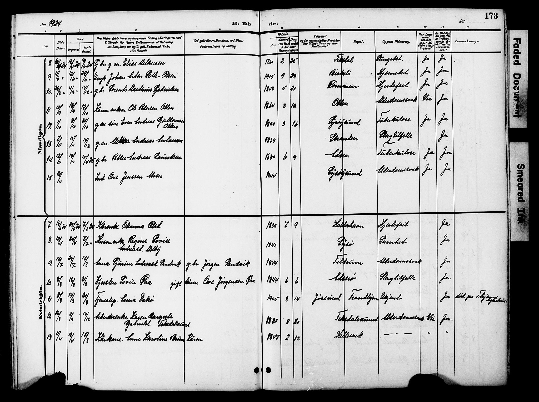Ministerialprotokoller, klokkerbøker og fødselsregistre - Sør-Trøndelag, AV/SAT-A-1456/654/L0666: Parish register (copy) no. 654C02, 1901-1925, p. 173