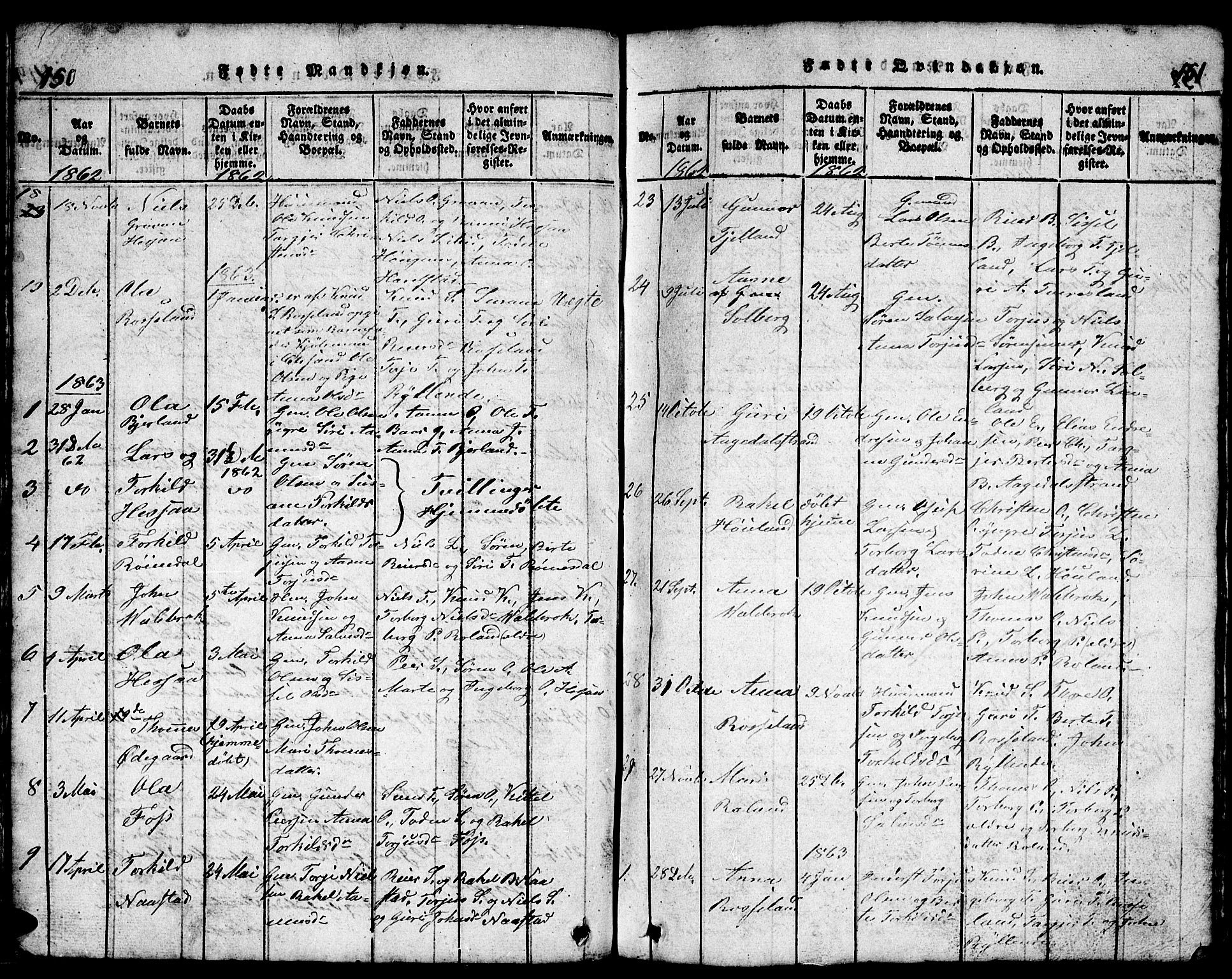 Bjelland sokneprestkontor, SAK/1111-0005/F/Fb/Fba/L0003: Parish register (copy) no. B 3, 1816-1870, p. 150-151