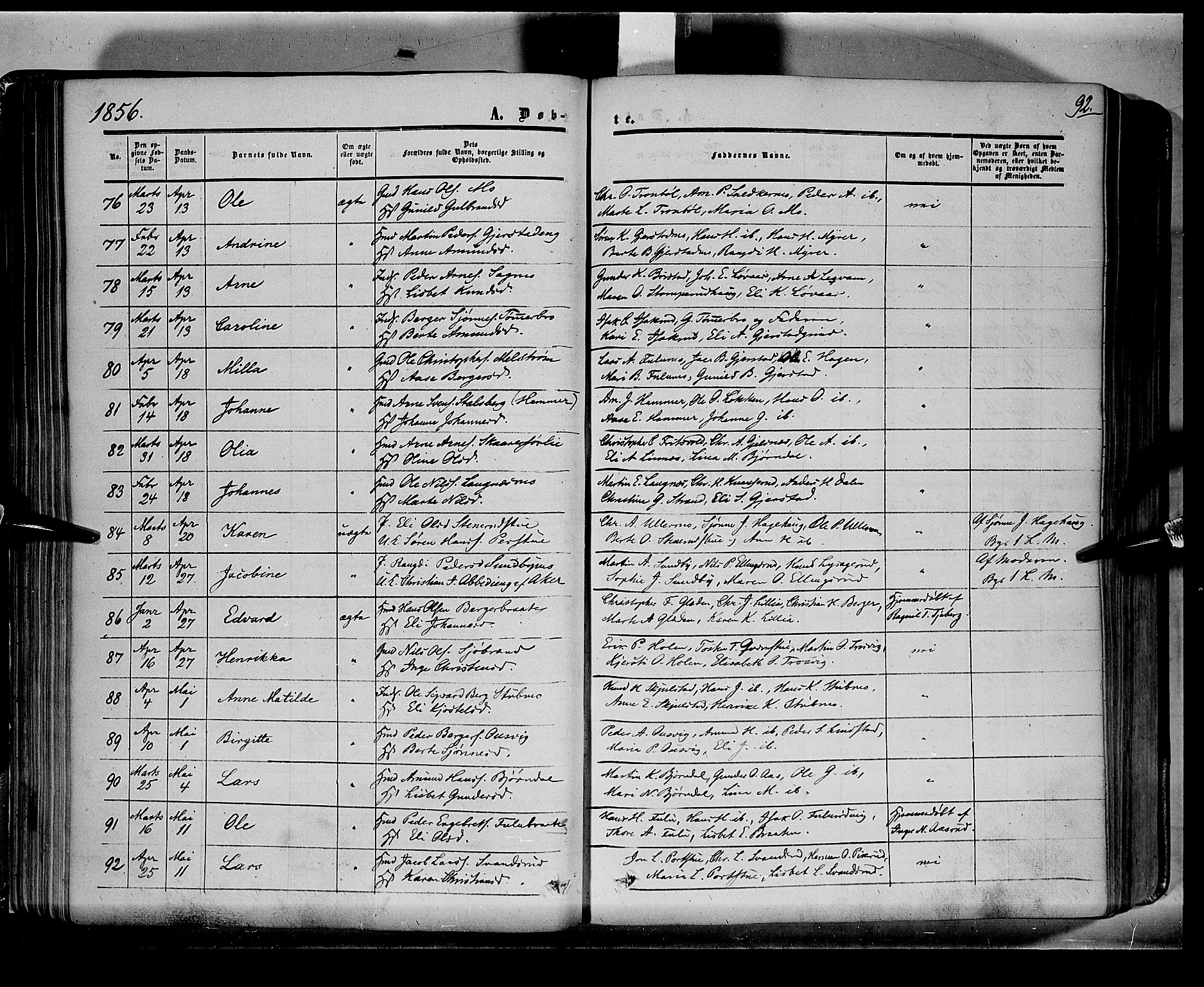 Sør-Odal prestekontor, AV/SAH-PREST-030/H/Ha/Haa/L0001: Parish register (official) no. 1, 1849-1859, p. 92