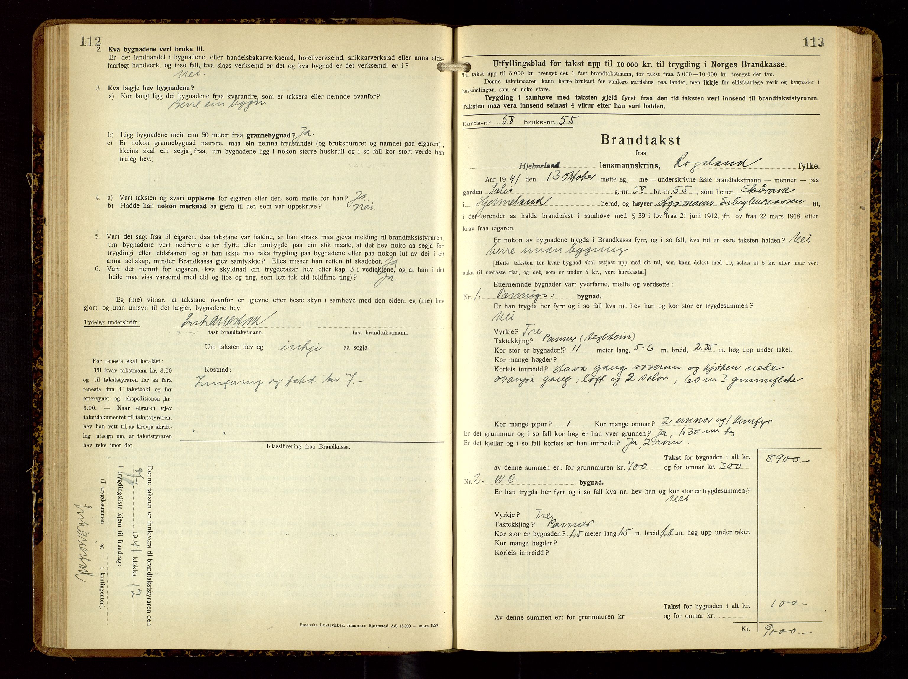 Hjelmeland lensmannskontor, SAST/A-100439/Gob/L0003: "Brandtakstbok", 1932-1950, p. 112-113