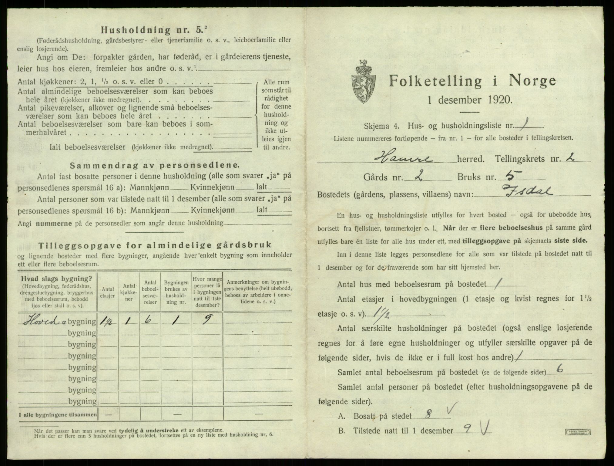 SAB, 1920 census for Hamre, 1920, p. 119