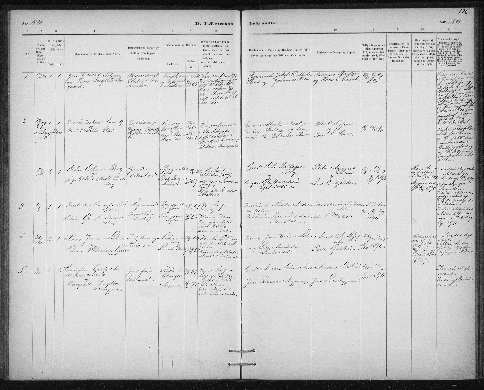 Ministerialprotokoller, klokkerbøker og fødselsregistre - Sør-Trøndelag, SAT/A-1456/613/L0392: Parish register (official) no. 613A01, 1887-1906, p. 126