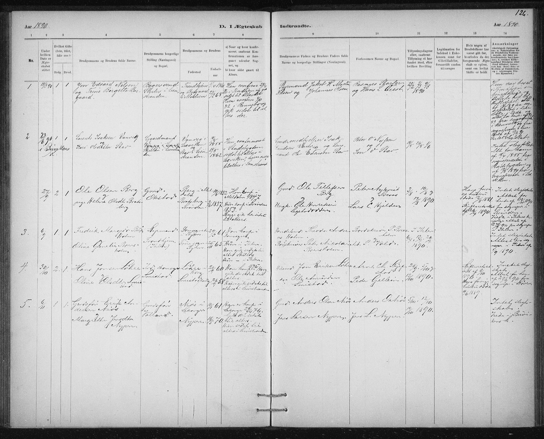 Ministerialprotokoller, klokkerbøker og fødselsregistre - Sør-Trøndelag, AV/SAT-A-1456/613/L0392: Parish register (official) no. 613A01, 1887-1906, p. 126