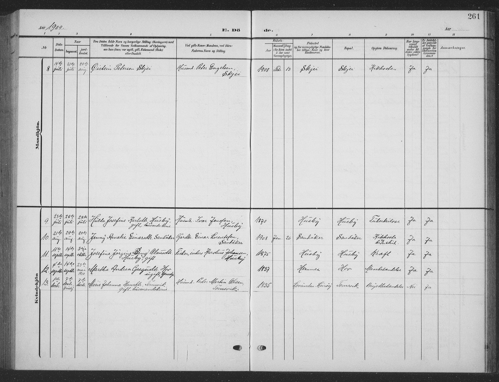 Ministerialprotokoller, klokkerbøker og fødselsregistre - Nordland, AV/SAT-A-1459/835/L0533: Parish register (copy) no. 835C05, 1906-1939, p. 261