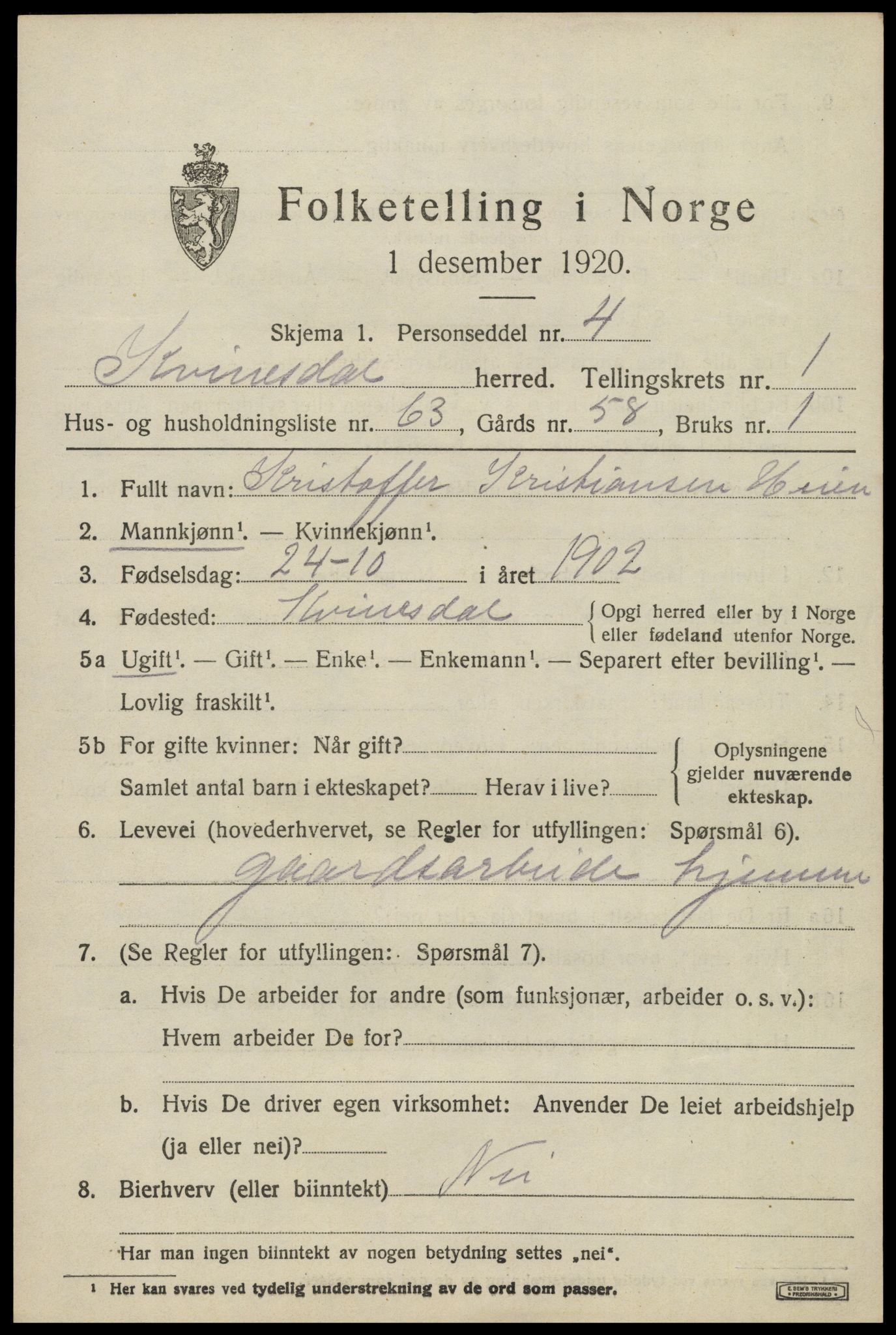 SAK, 1920 census for Kvinesdal, 1920, p. 1835