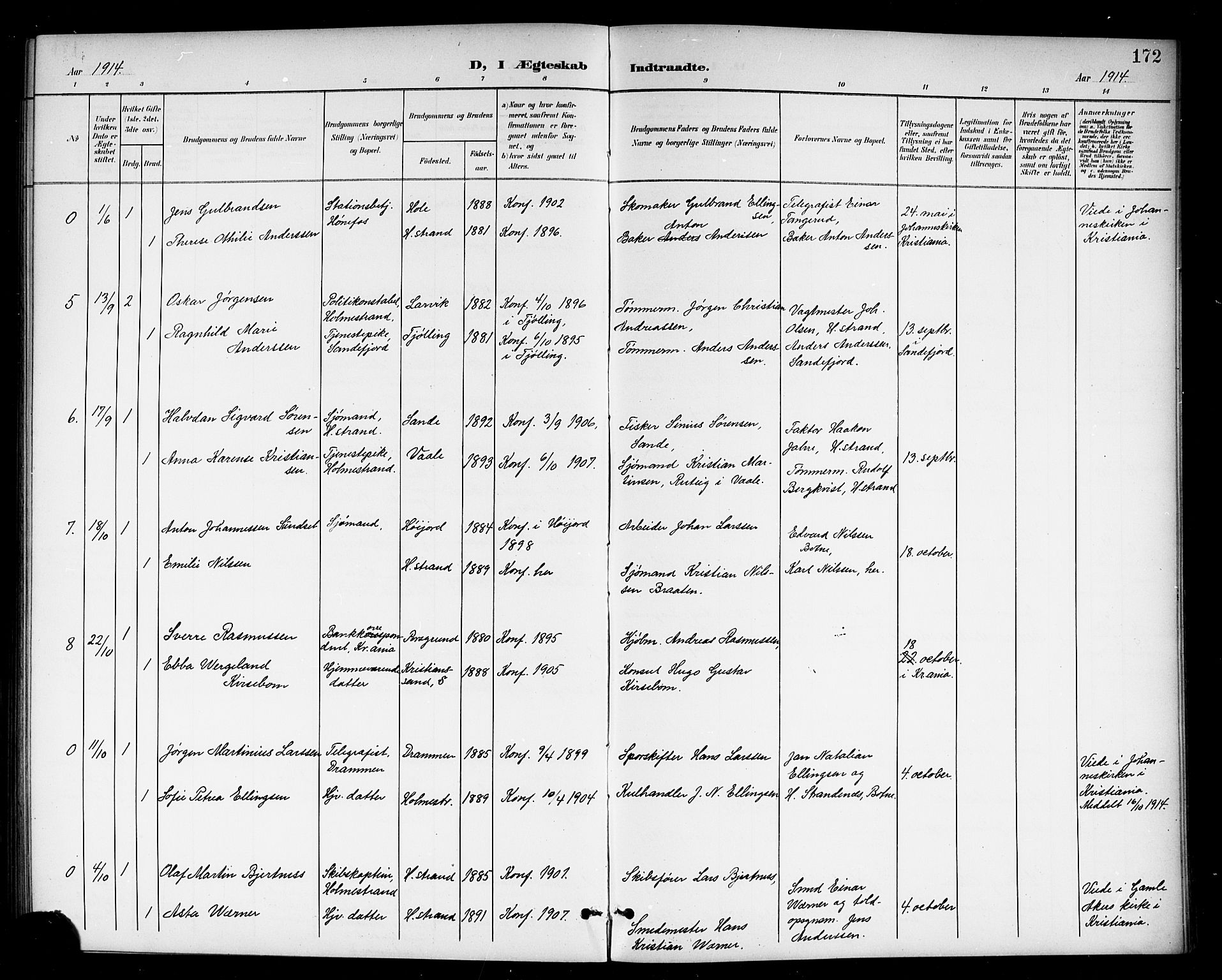 Holmestrand kirkebøker, AV/SAKO-A-346/G/Ga/L0006: Parish register (copy) no. 6, 1901-1923, p. 172