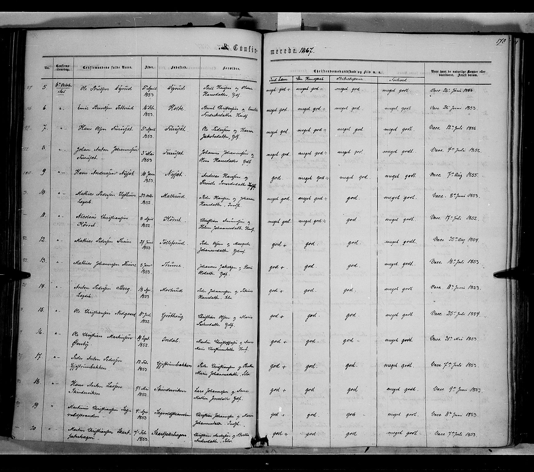 Vestre Toten prestekontor, AV/SAH-PREST-108/H/Ha/Haa/L0007: Parish register (official) no. 7, 1862-1869, p. 178