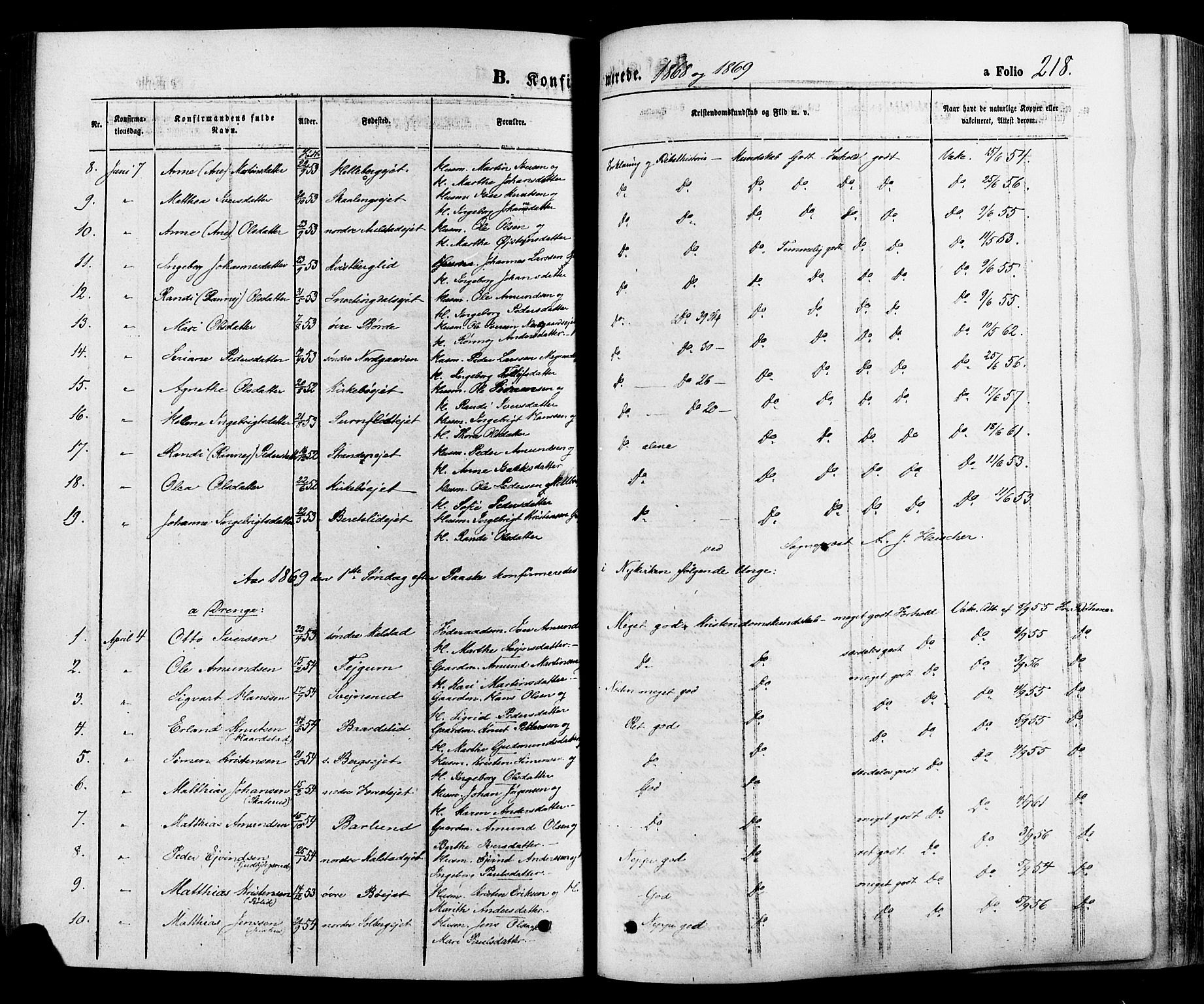 Gausdal prestekontor, SAH/PREST-090/H/Ha/Haa/L0010: Parish register (official) no. 10, 1867-1886, p. 218