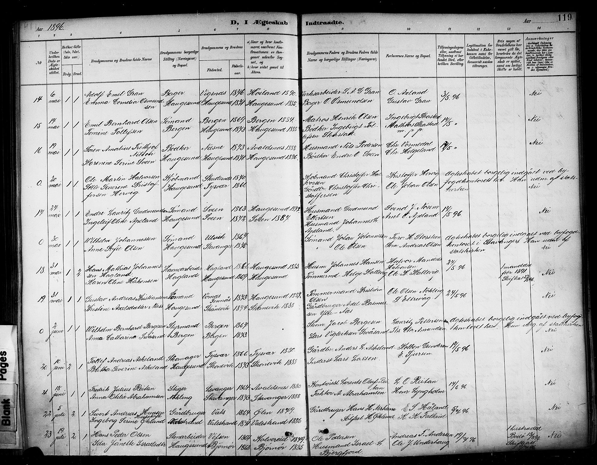 Haugesund sokneprestkontor, AV/SAST-A -101863/H/Ha/Haa/L0005: Parish register (official) no. A 5, 1891-1903, p. 119
