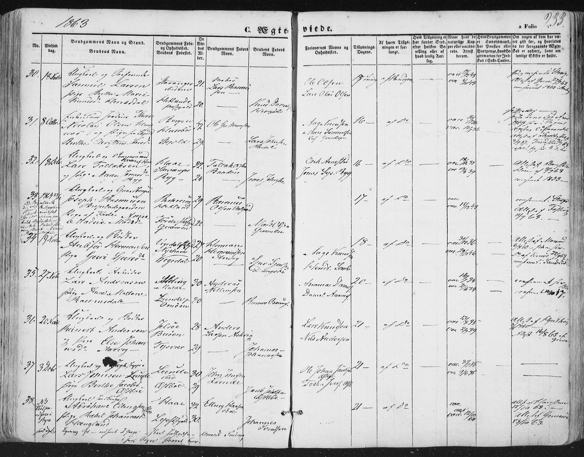 Hetland sokneprestkontor, AV/SAST-A-101826/30/30BA/L0002: Parish register (official) no. A 2, 1849-1869, p. 233